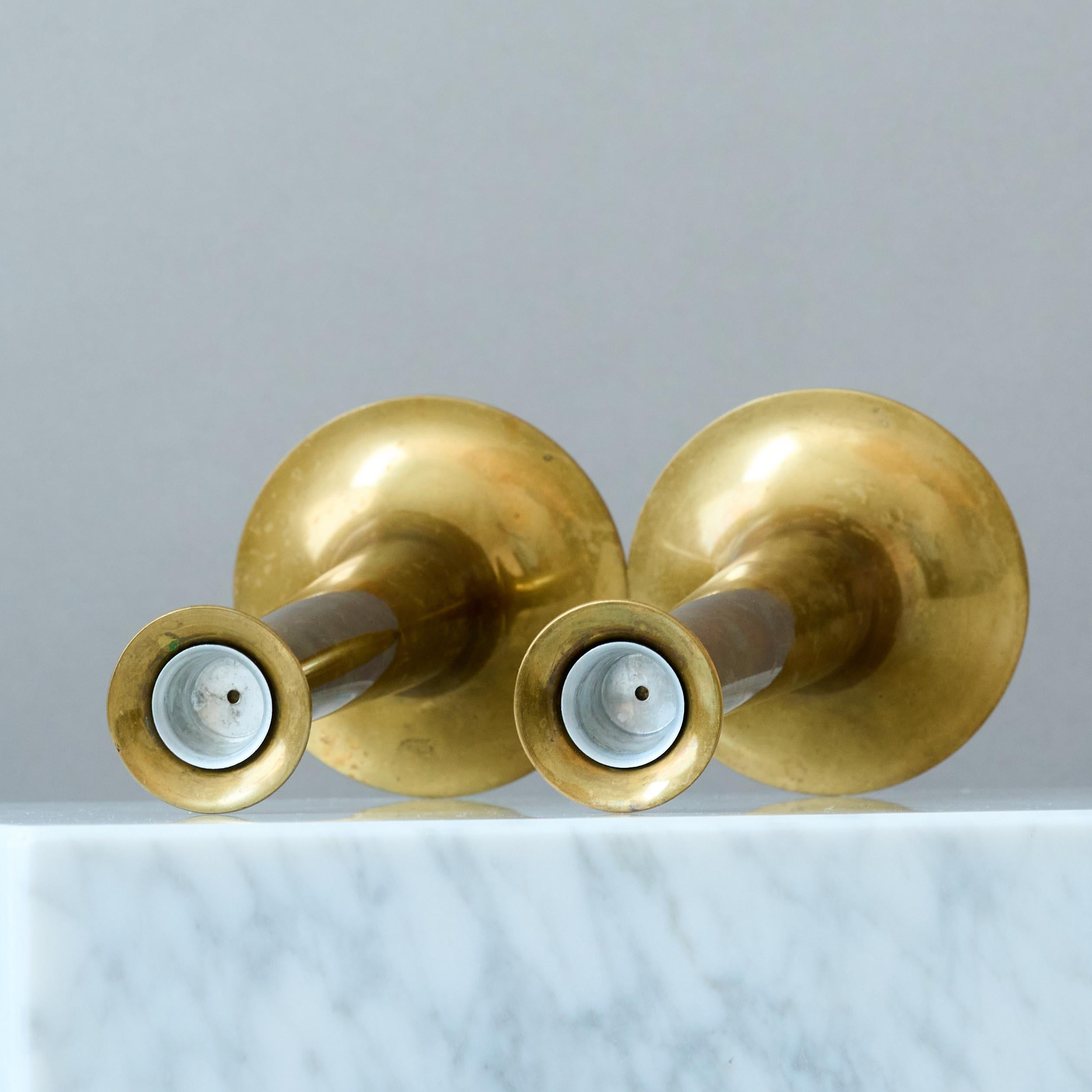 Danish Pair of Brass Candlesticks by Hans Bolling for Torben Orskov. Denmark, 1960s. For Sale