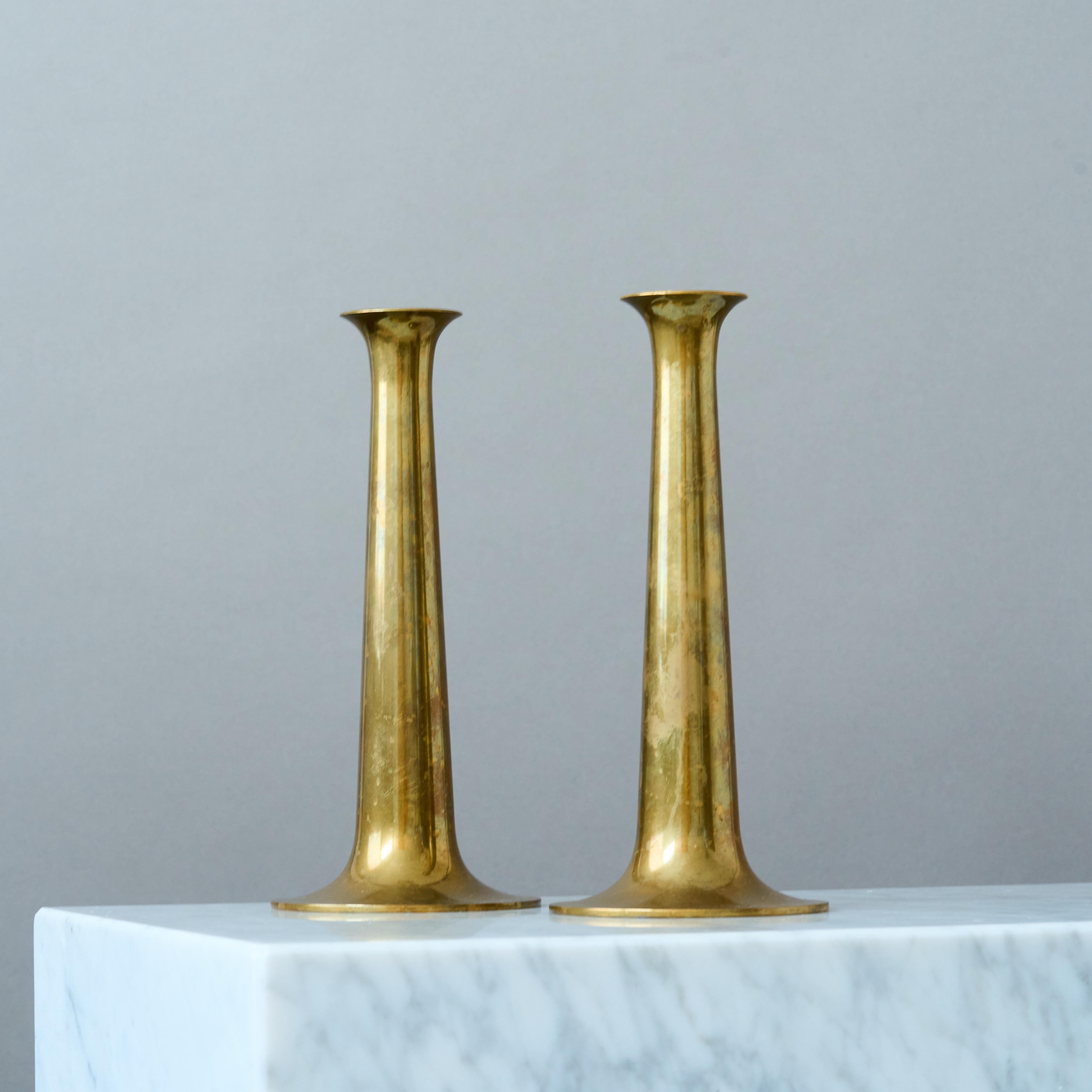 Polished Pair of Brass Candlesticks by Hans Bolling for Torben Orskov. Denmark, 1960s. For Sale