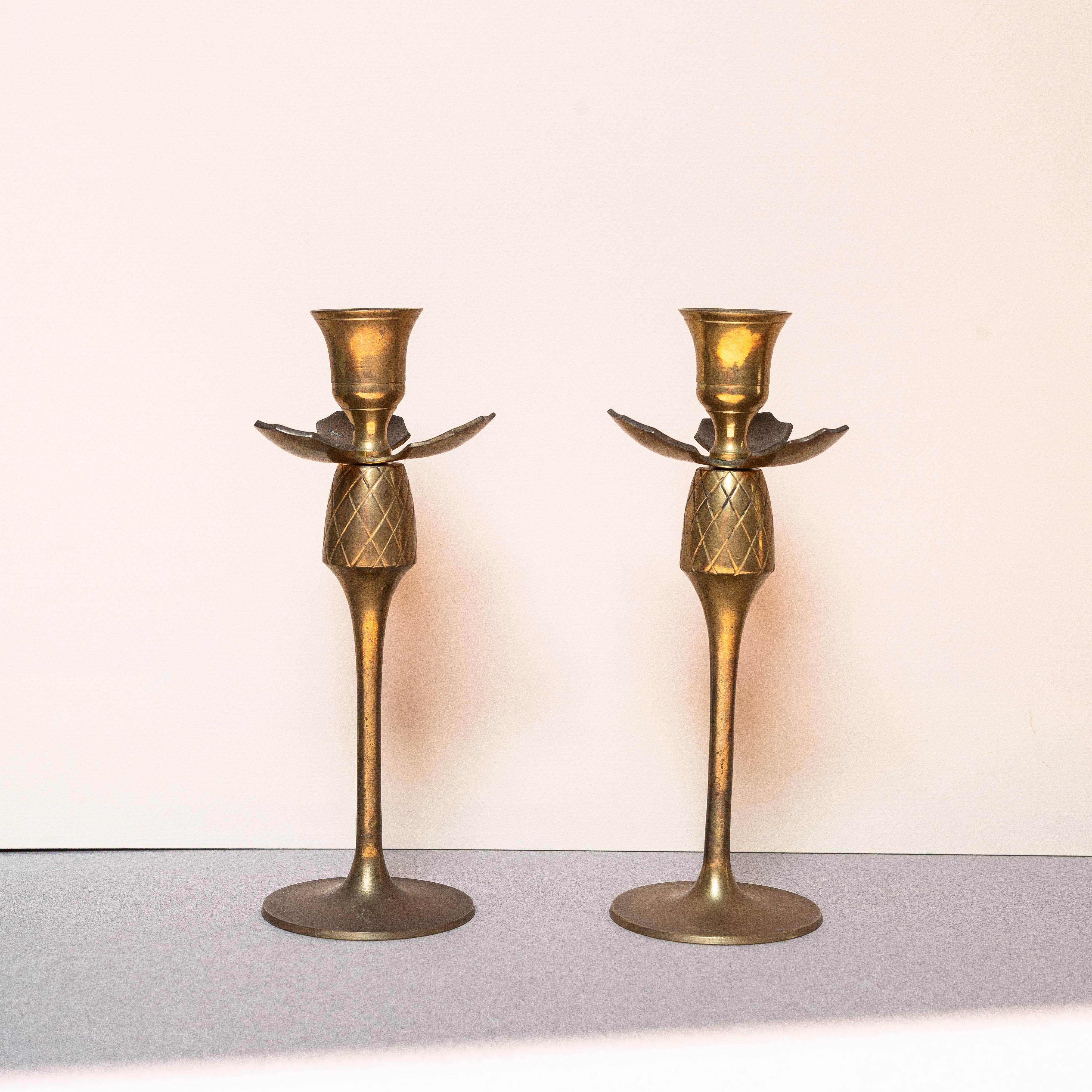 Pair of Brass Candlesticks, Pineapple Fruit, France 1920s en vente 3