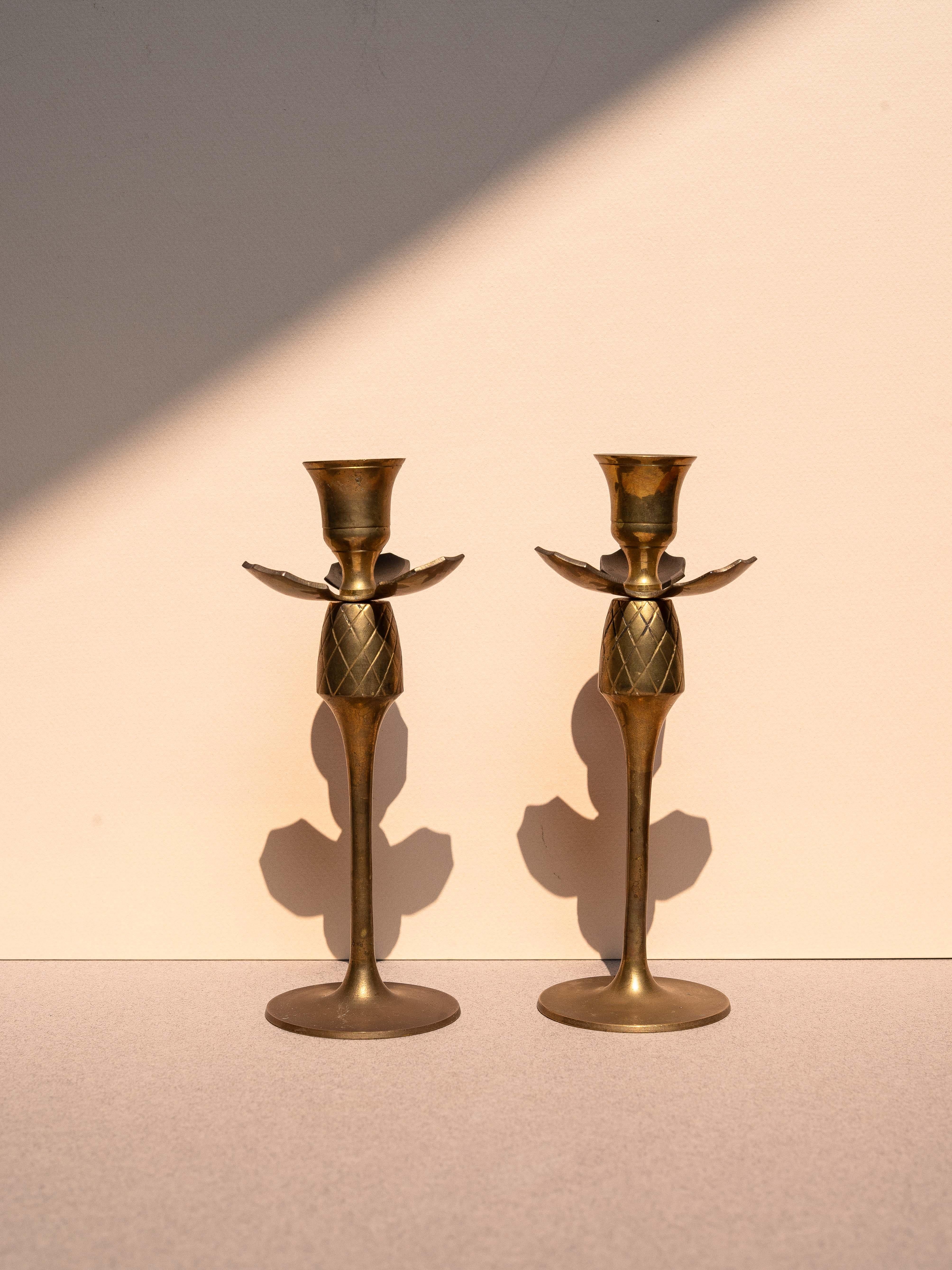 Français Pair of Brass Candlesticks, Pineapple Fruit, France 1920s en vente