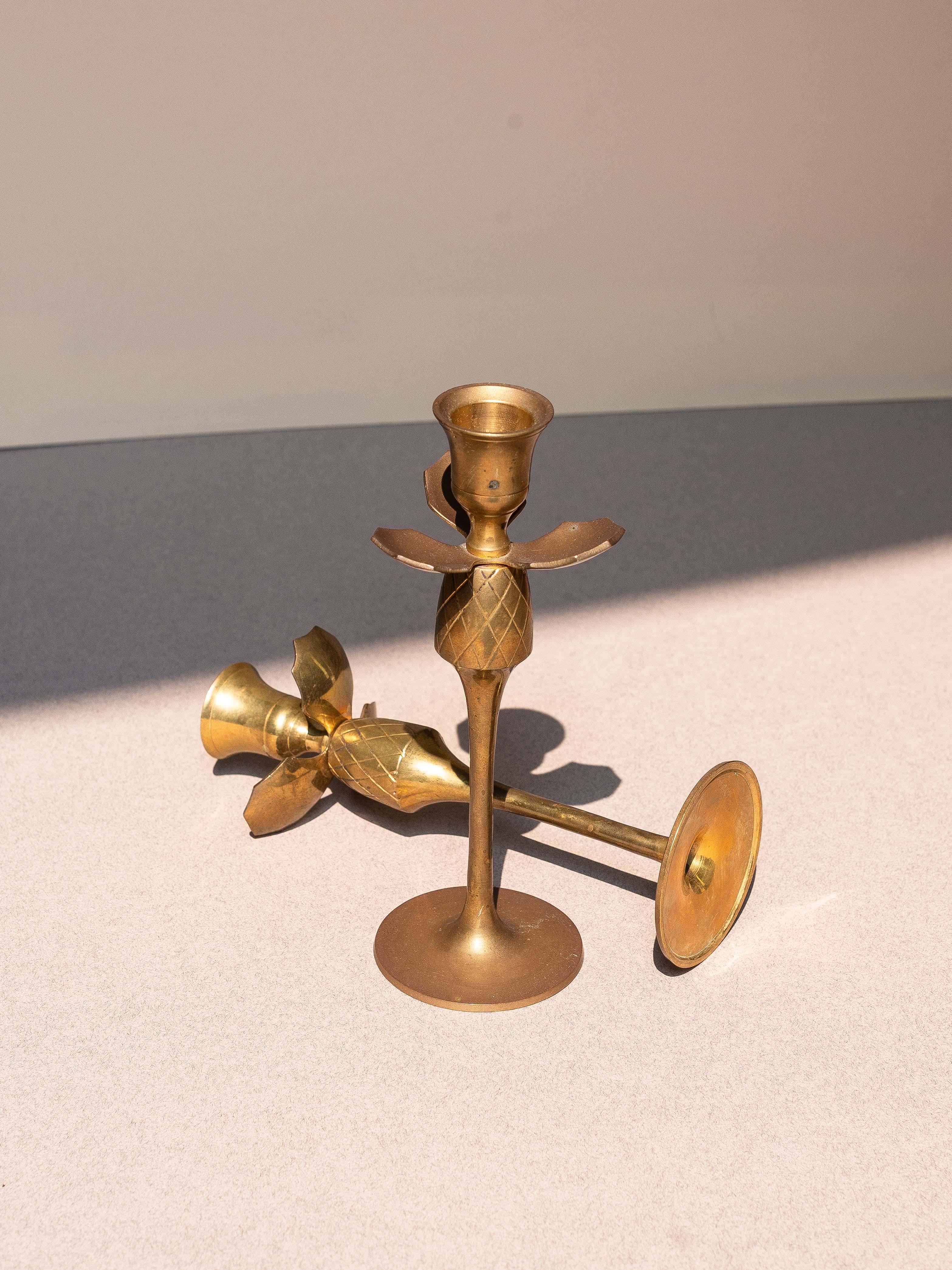 20ième siècle Pair of Brass Candlesticks, Pineapple Fruit, France 1920s en vente