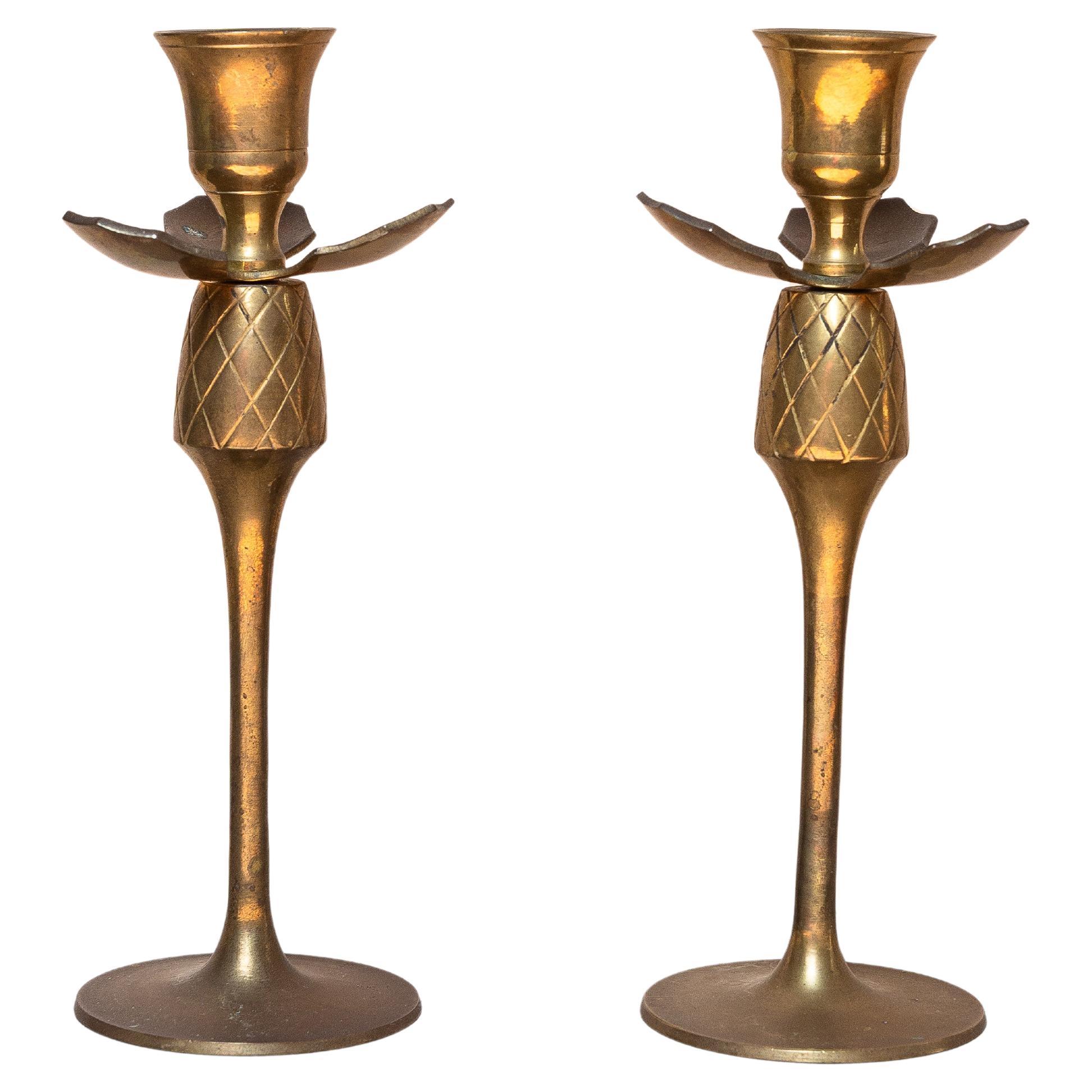 Pair of Brass Candlesticks, Pineapple Fruit, France 1920s en vente