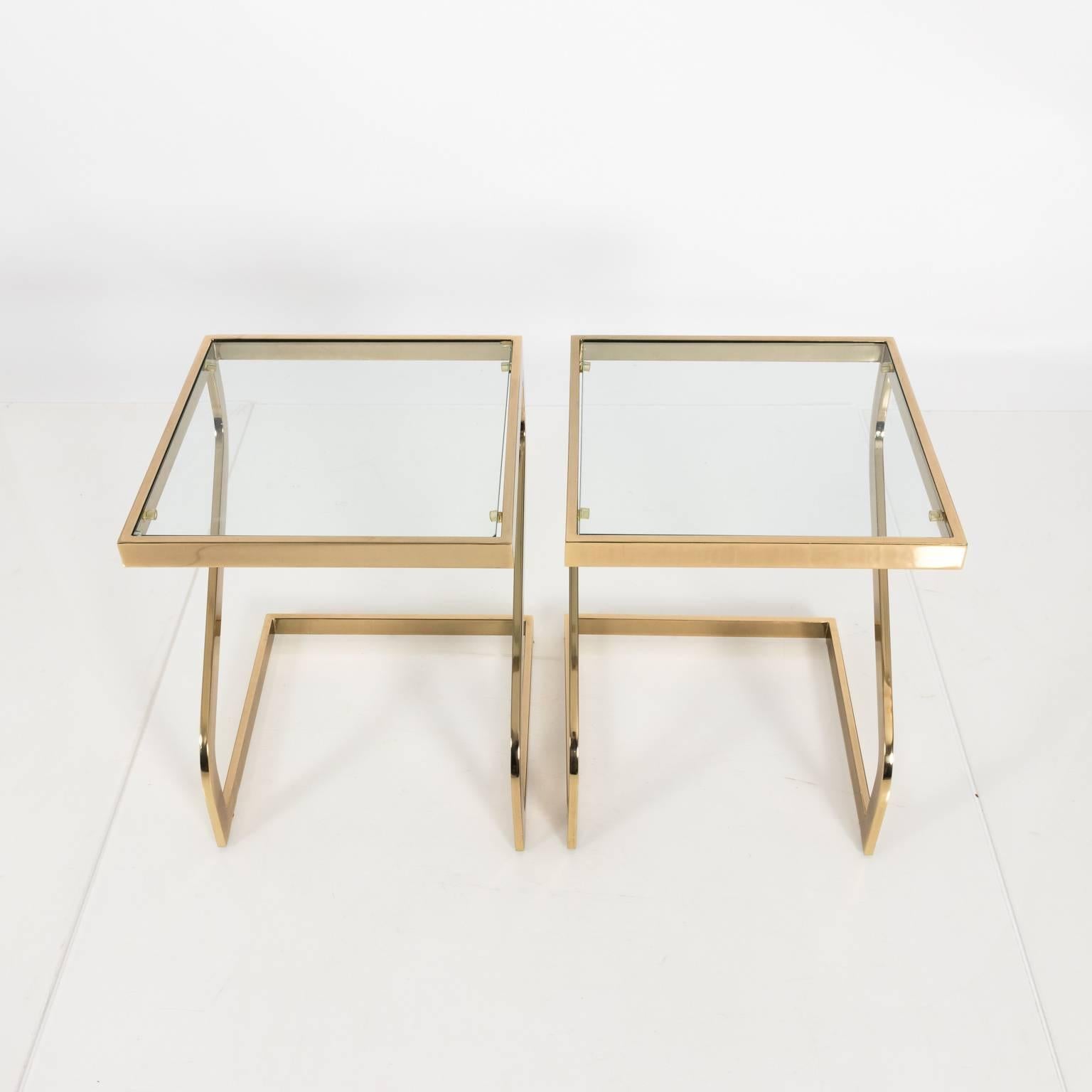 American Pair of Brass Cantilever Side Tables For Sale