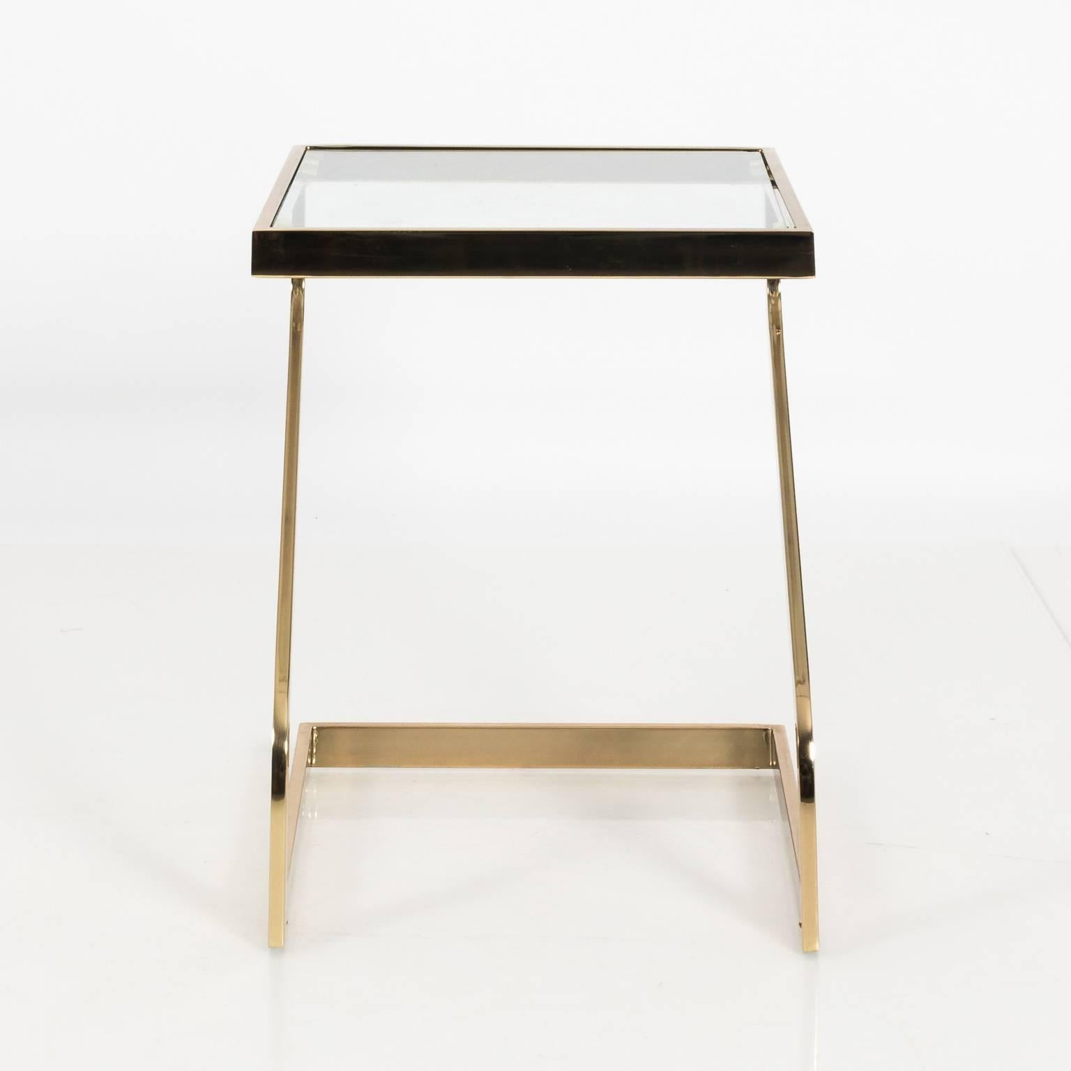Pair of Brass Cantilever Side Tables In Fair Condition For Sale In Stamford, CT