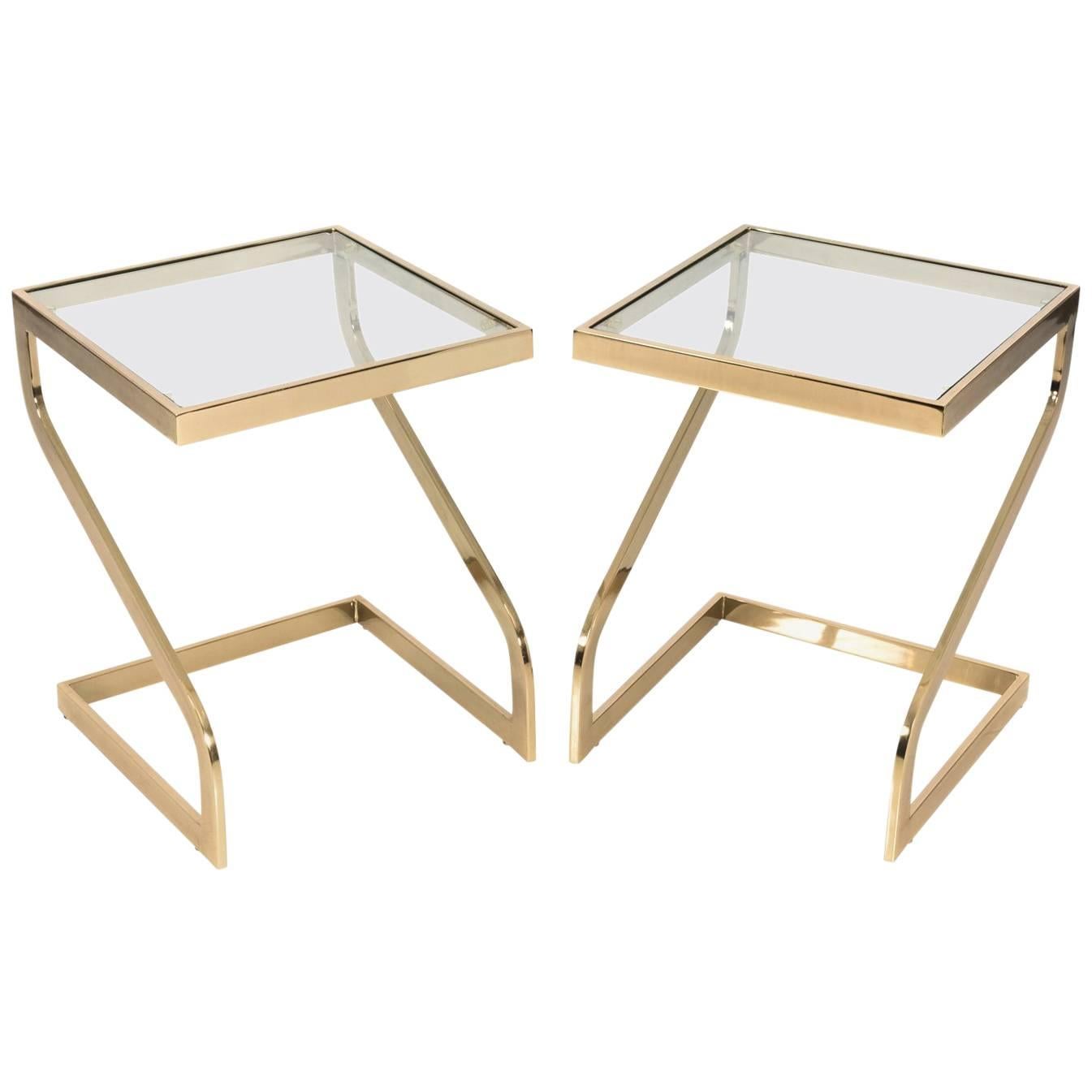 Pair of Brass Cantilever Side Tables For Sale