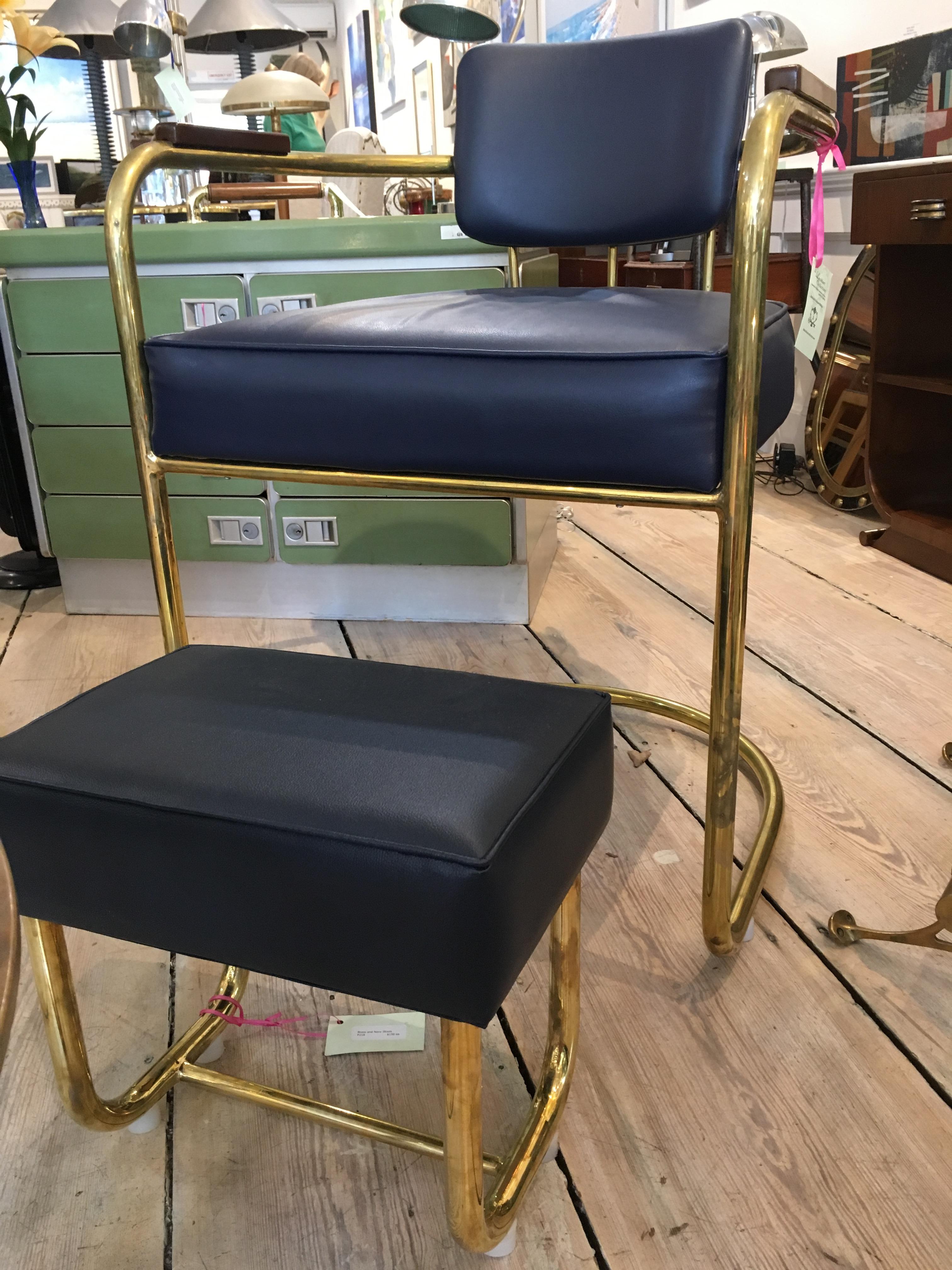 Pair of Brass Captains Chairs with Navy Blue Cushions, Late 1900s 6