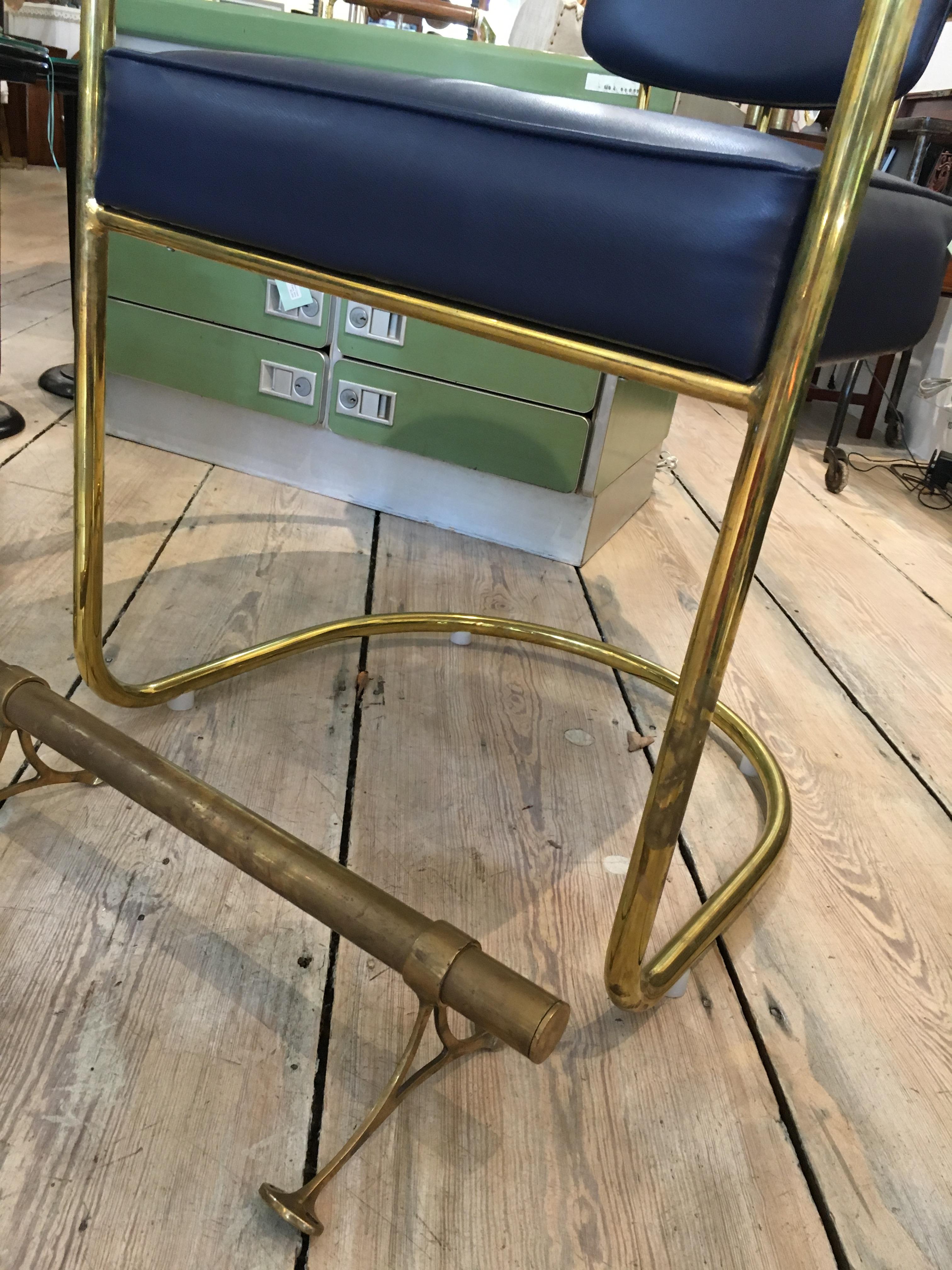 Pair of Brass Captains Chairs with Navy Blue Cushions, Late 1900s 2