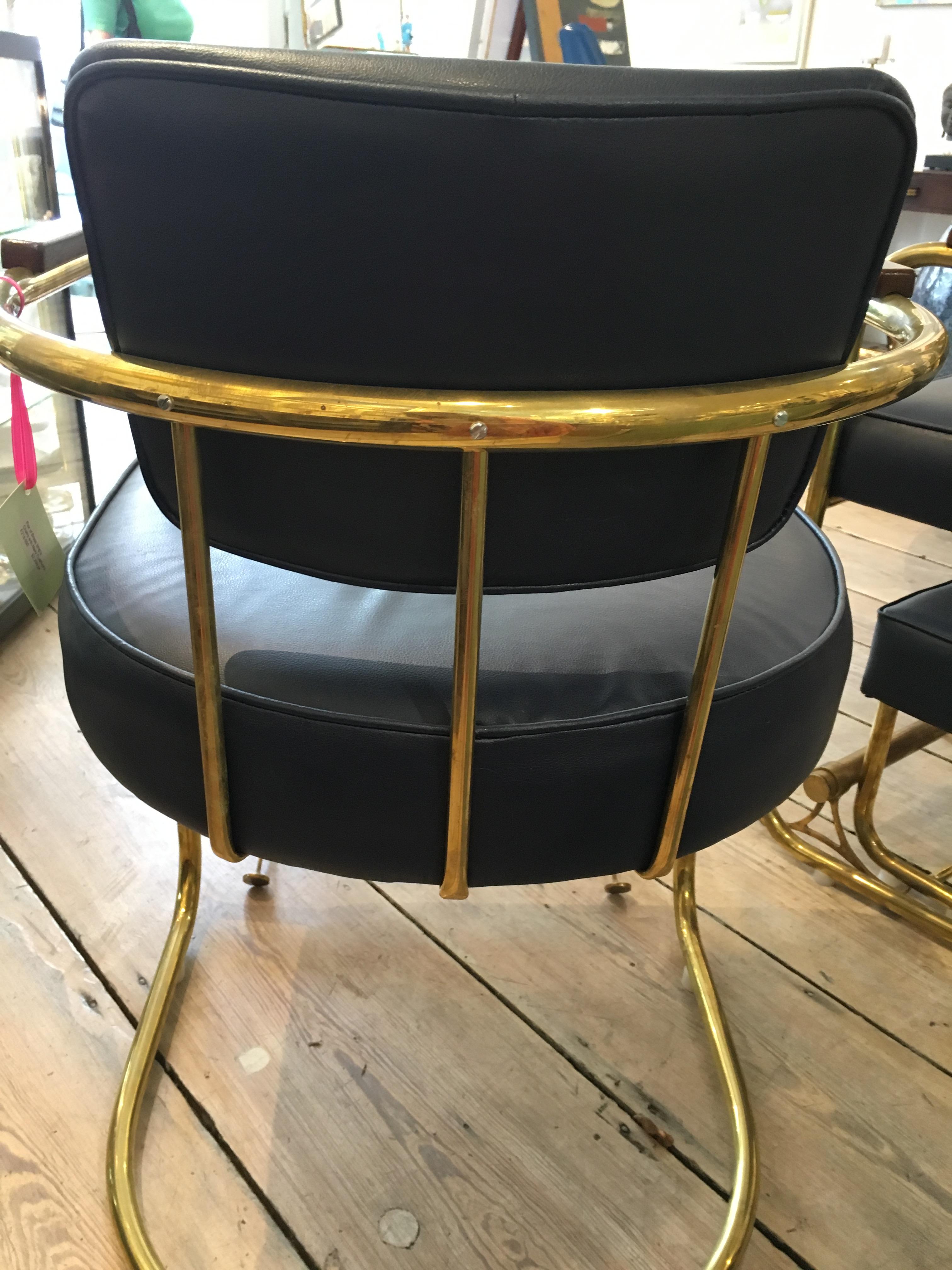 Pair of Brass Captains Chairs with Navy Blue Cushions, Late 1900s 3