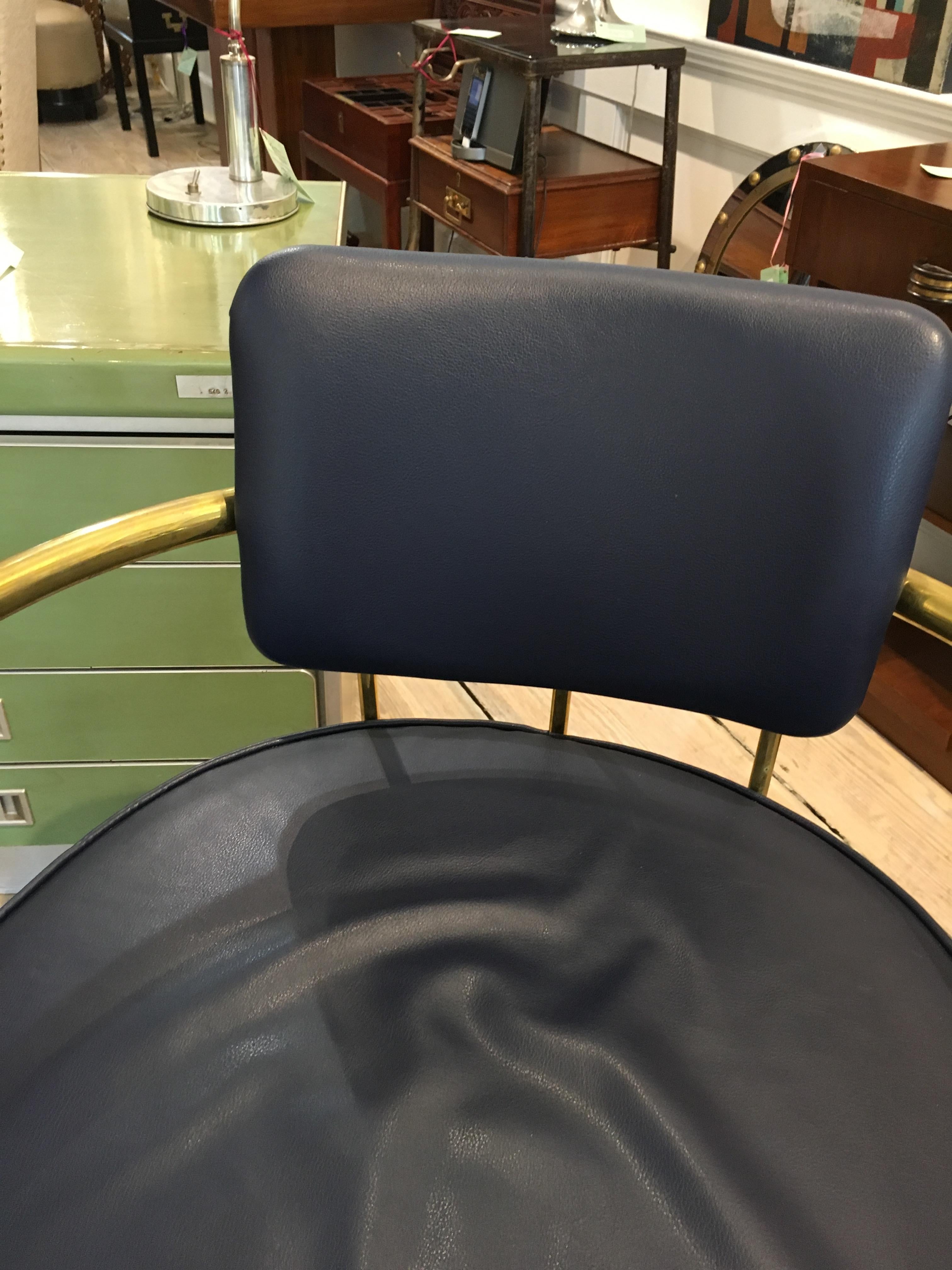 Pair of Brass Captains Chairs with Navy Blue Cushions, Late 1900s 5