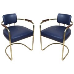 Vintage Pair of Brass Captains Chairs with Navy Blue Cushions, Late 1900s