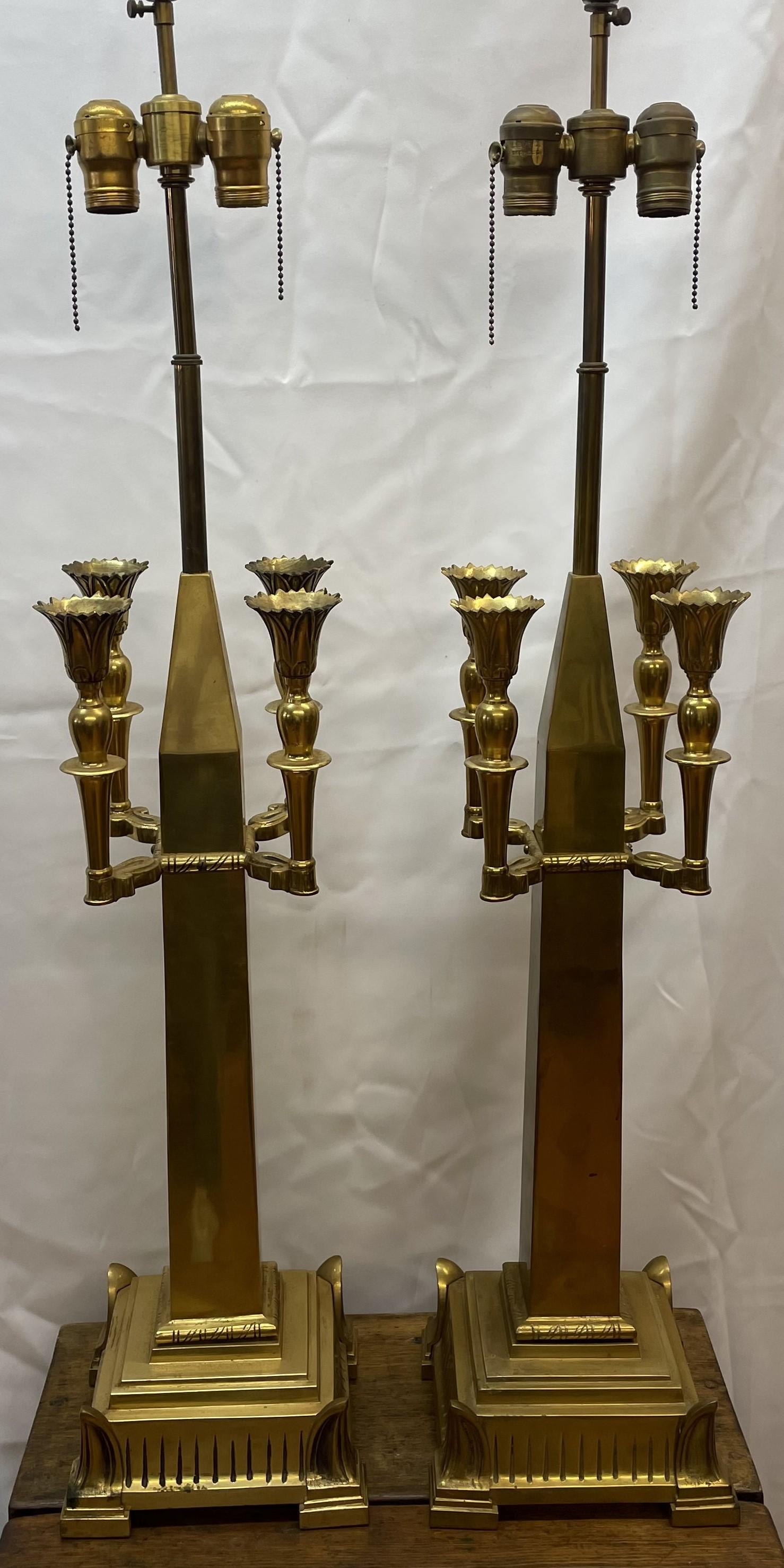 19th Century Pair of brass cathedral-style lamps with four candleholders each For Sale