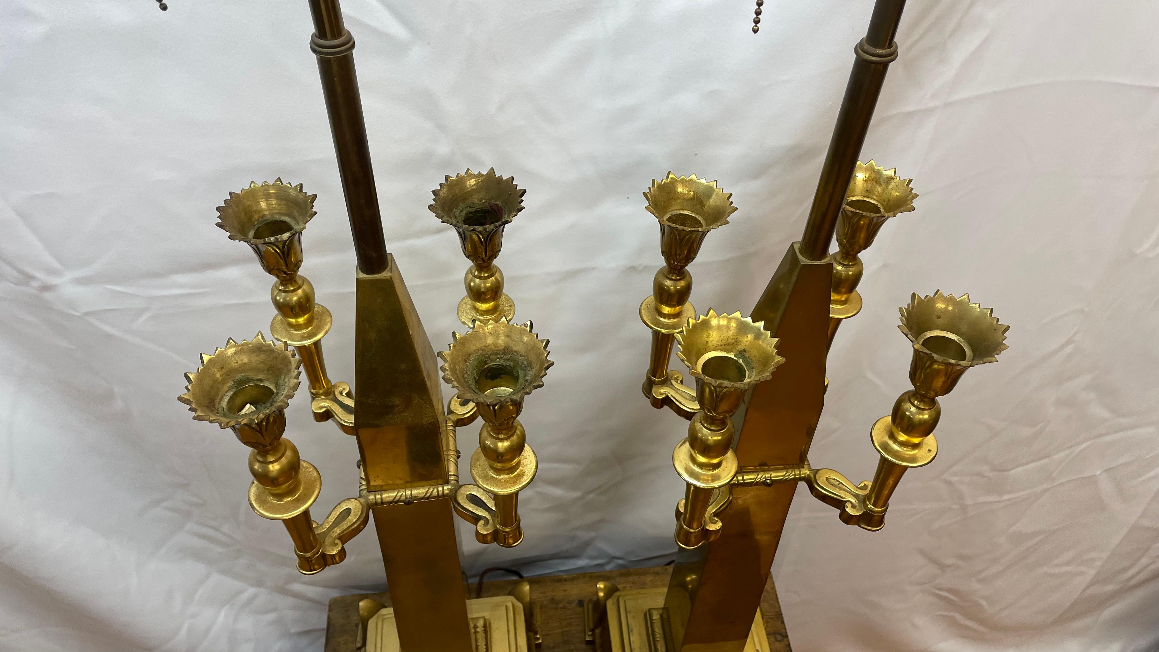 Pair of brass cathedral-style lamps with four candleholders each For Sale 1