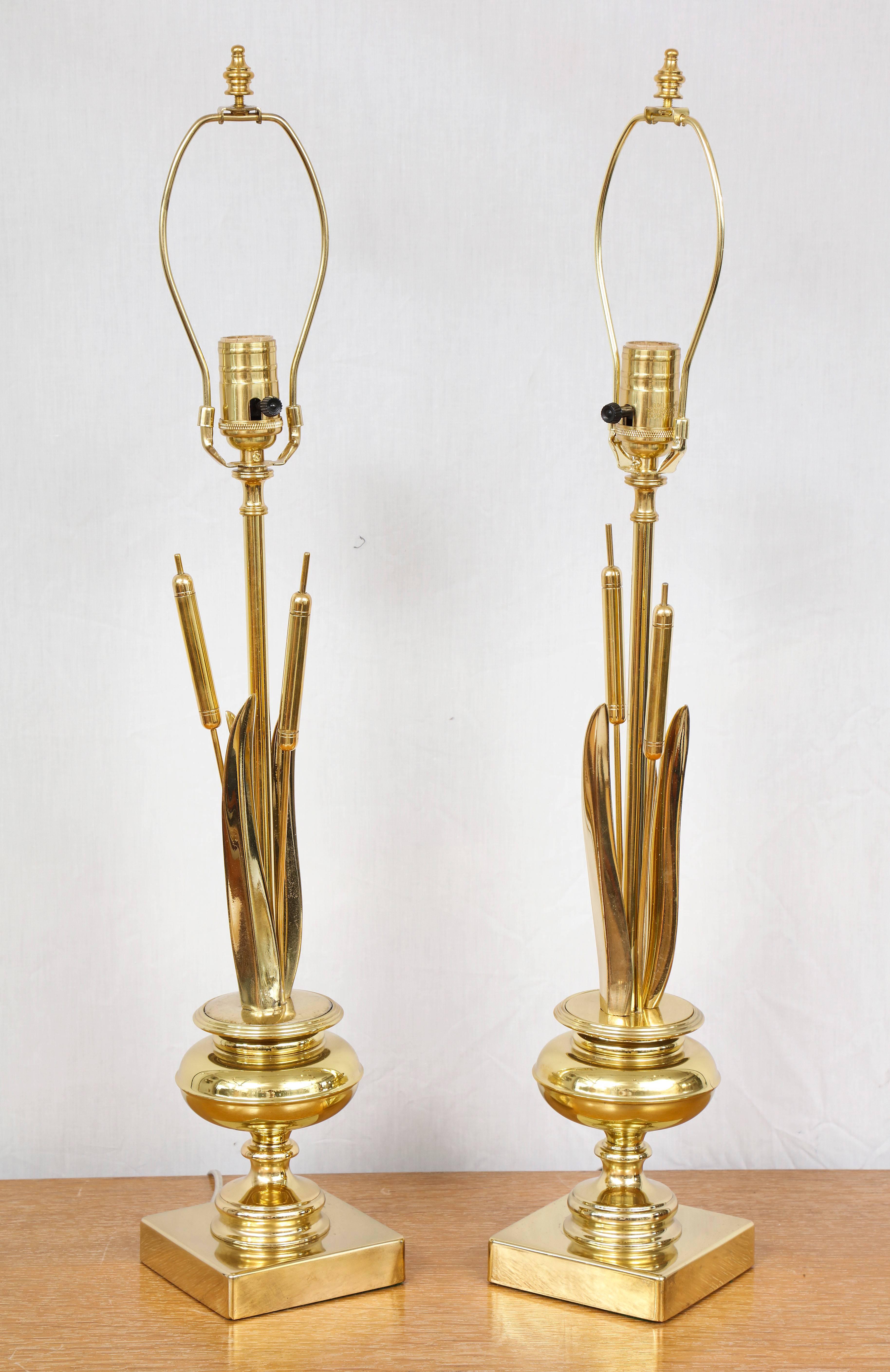 North American Pair of Vintage Brass Cattail Table Lamps Attributed to Maison Charles