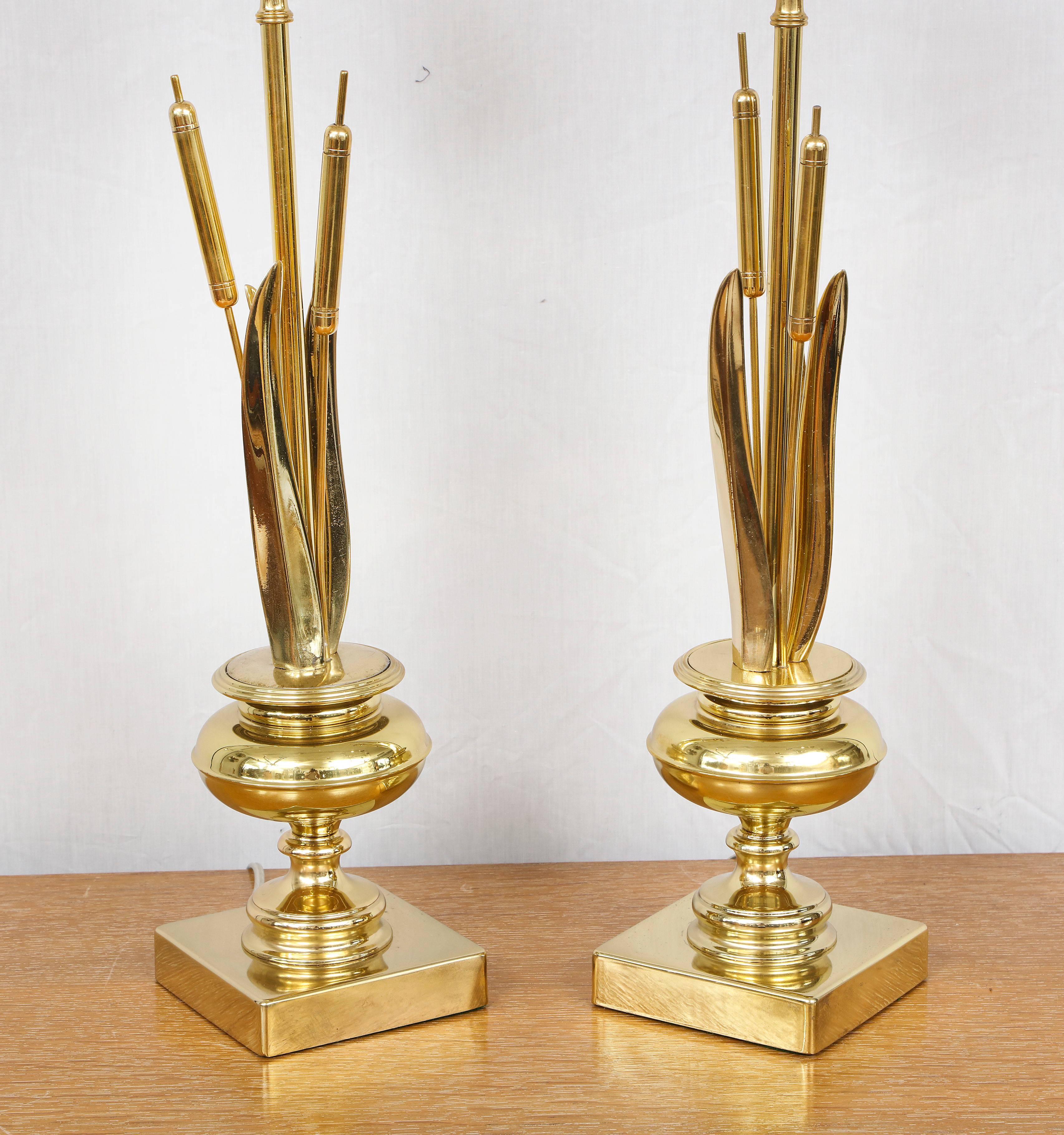 Pair of Vintage Brass Cattail Table Lamps Attributed to Maison Charles In Good Condition In New York, NY