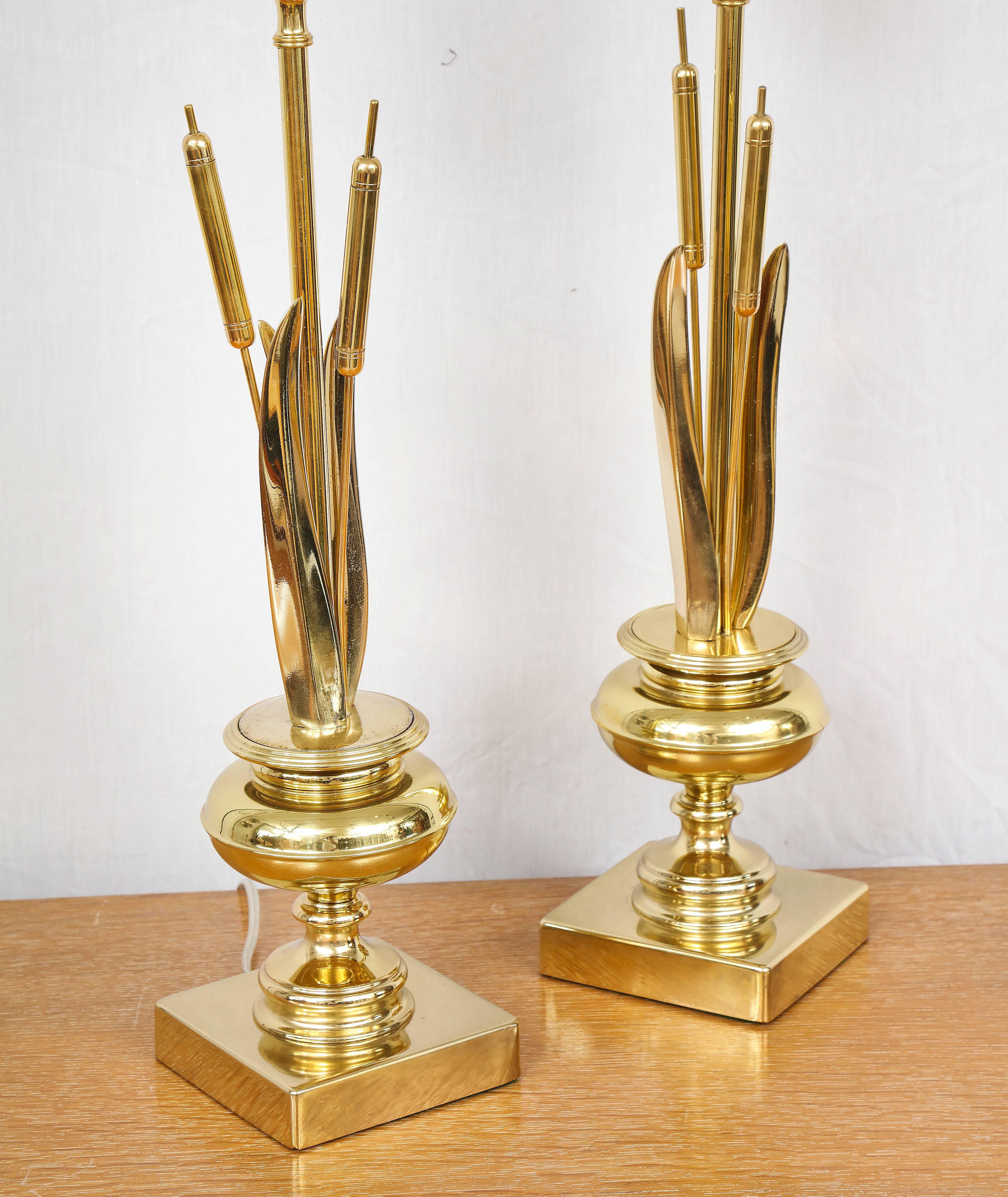 20th Century Pair of Vintage Brass Cattail Table Lamps Attributed to Maison Charles