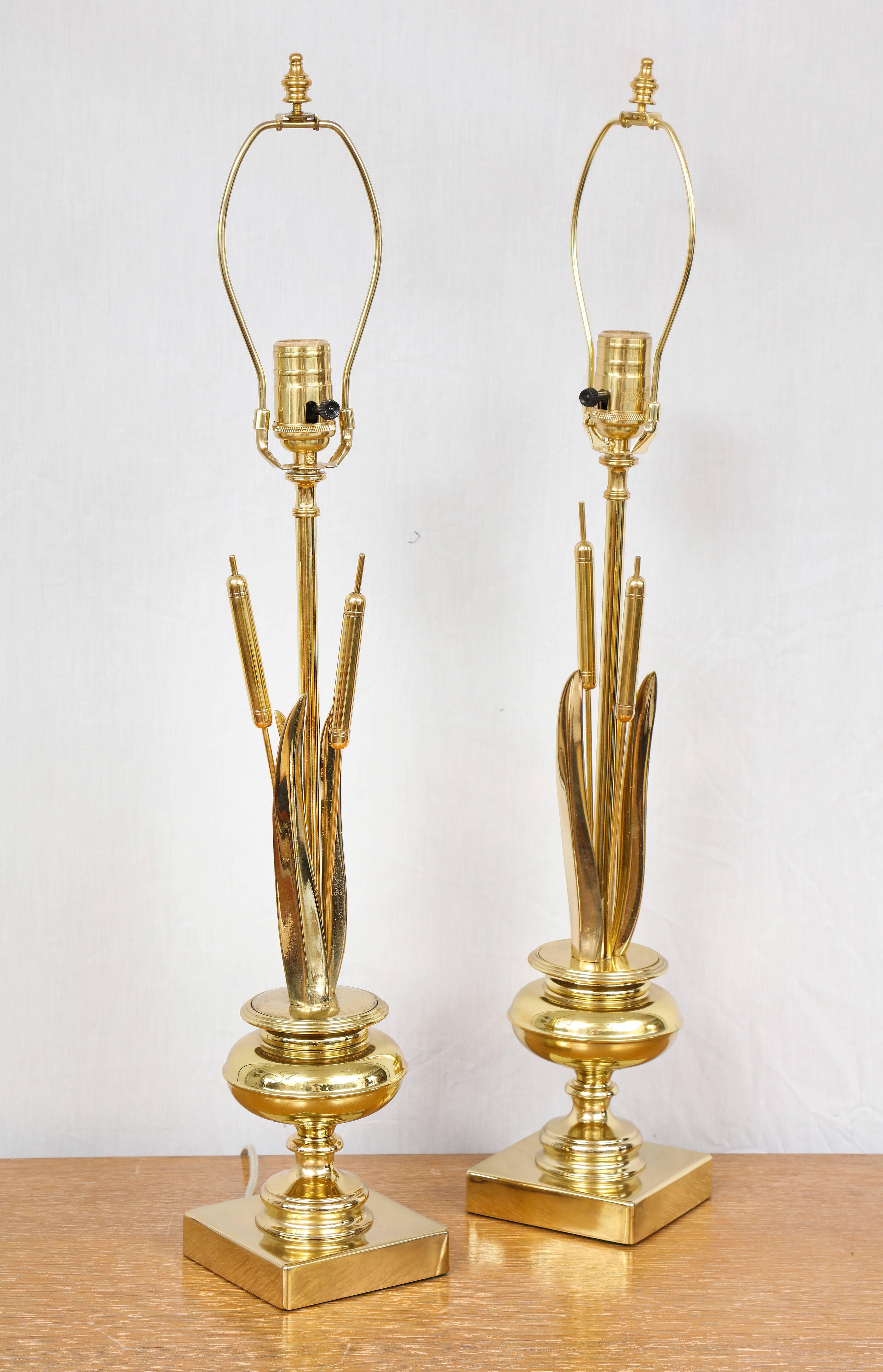 Pair of Vintage Brass Cattail Table Lamps Attributed to Maison Charles 1