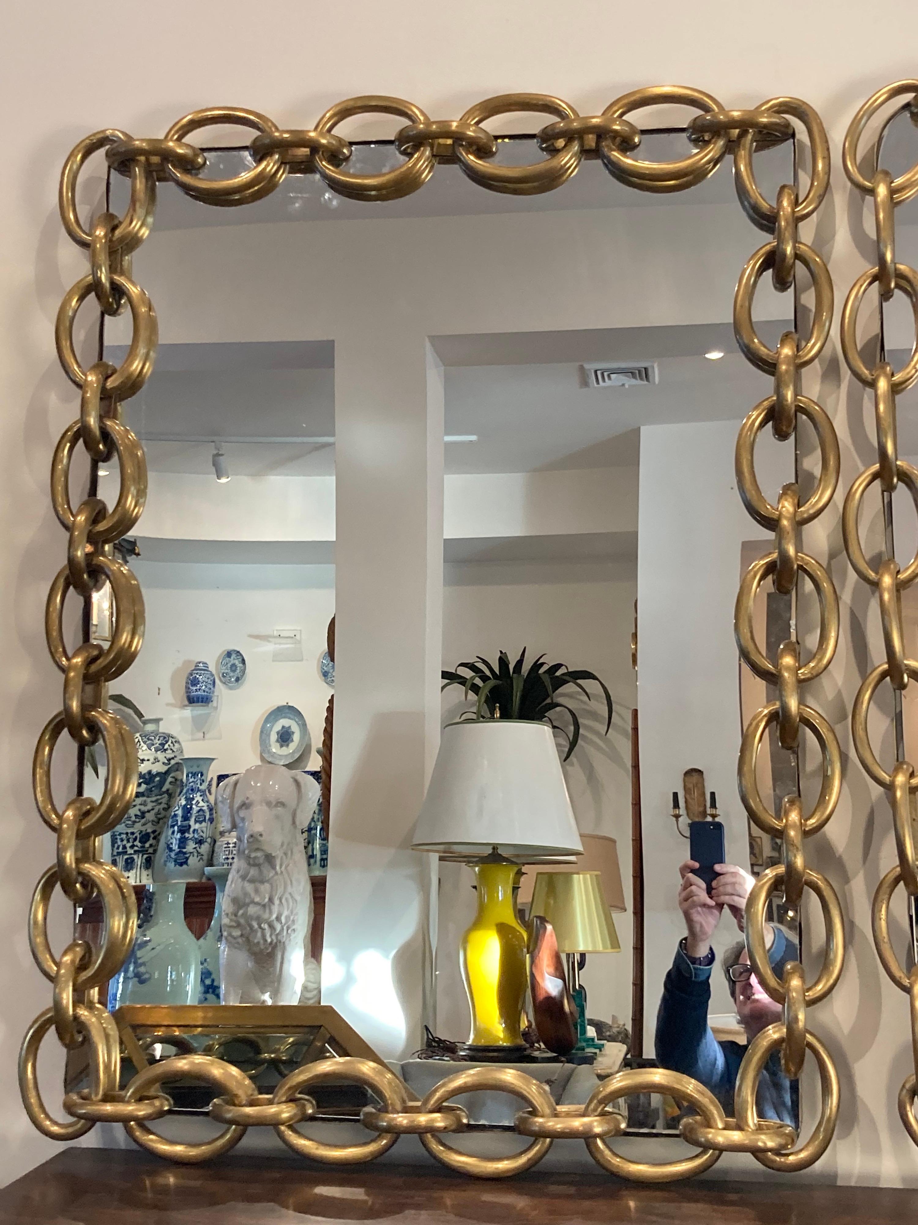 Pair of Brass Chain Frame Mirrors In Good Condition In East Hampton, NY
