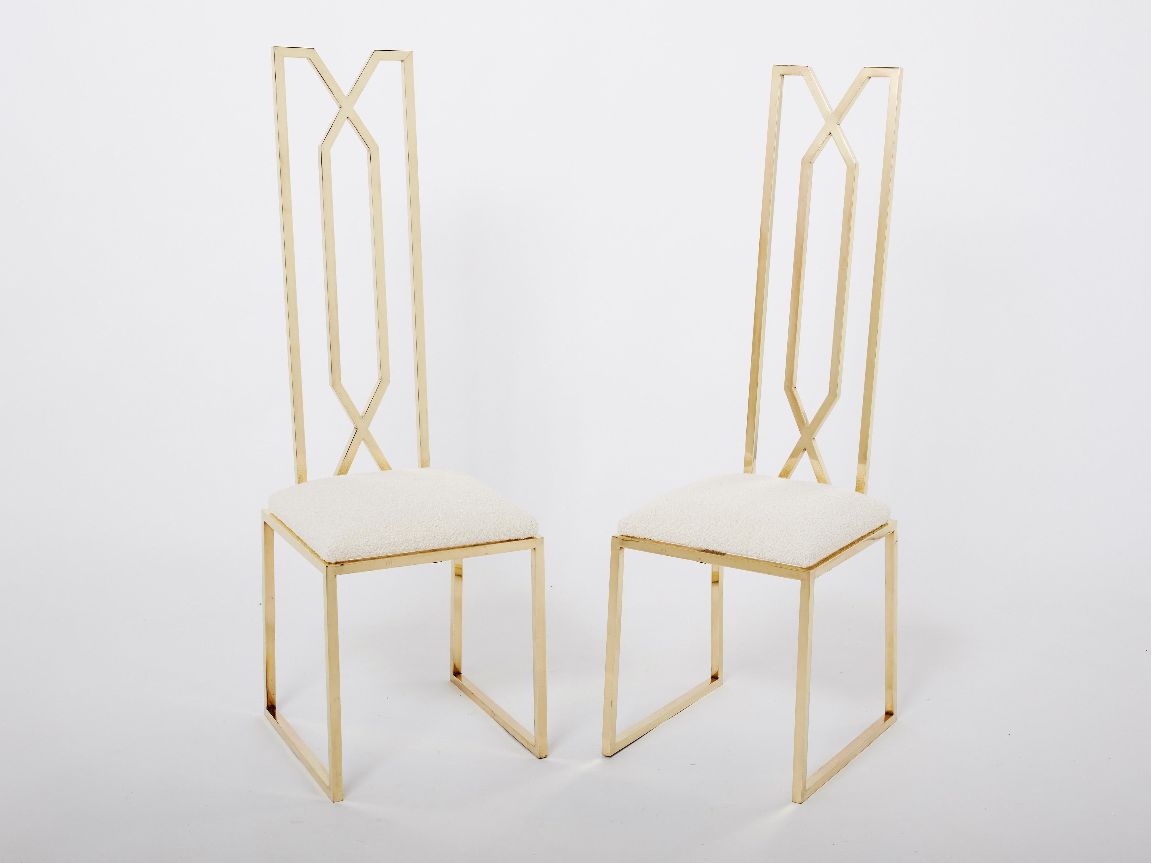 French actor and designer Alain Delon extravagant tastes are evident in this pair of French mid-century chairs. Edited by Jean Charles in the mid-1970s, they are definitely a rare find. Cool brass is fashioned into an inventive, geometric design
