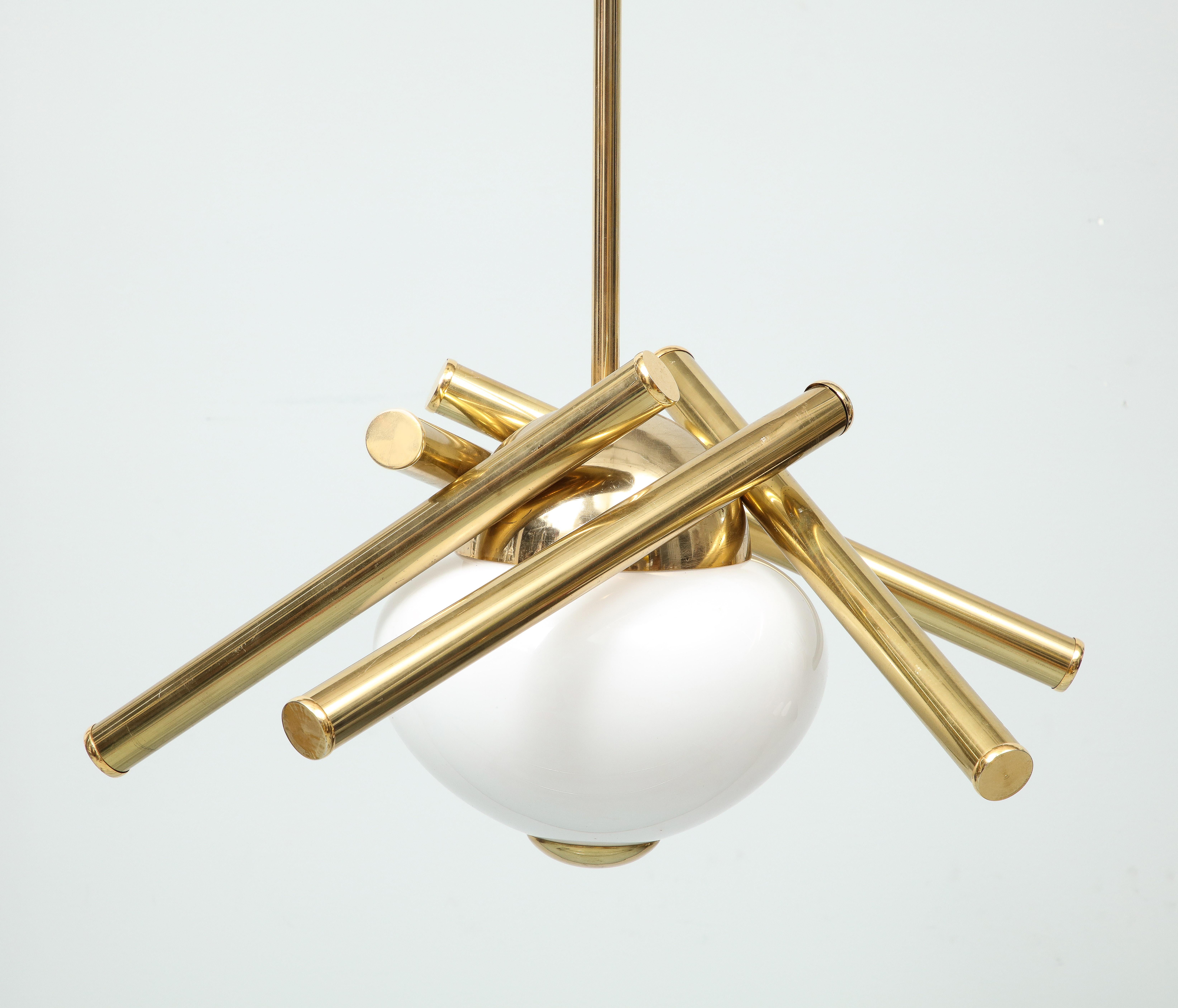 Mid-Century Modern Pair of Brass Chandelier with a Central Opaline Globe For Sale
