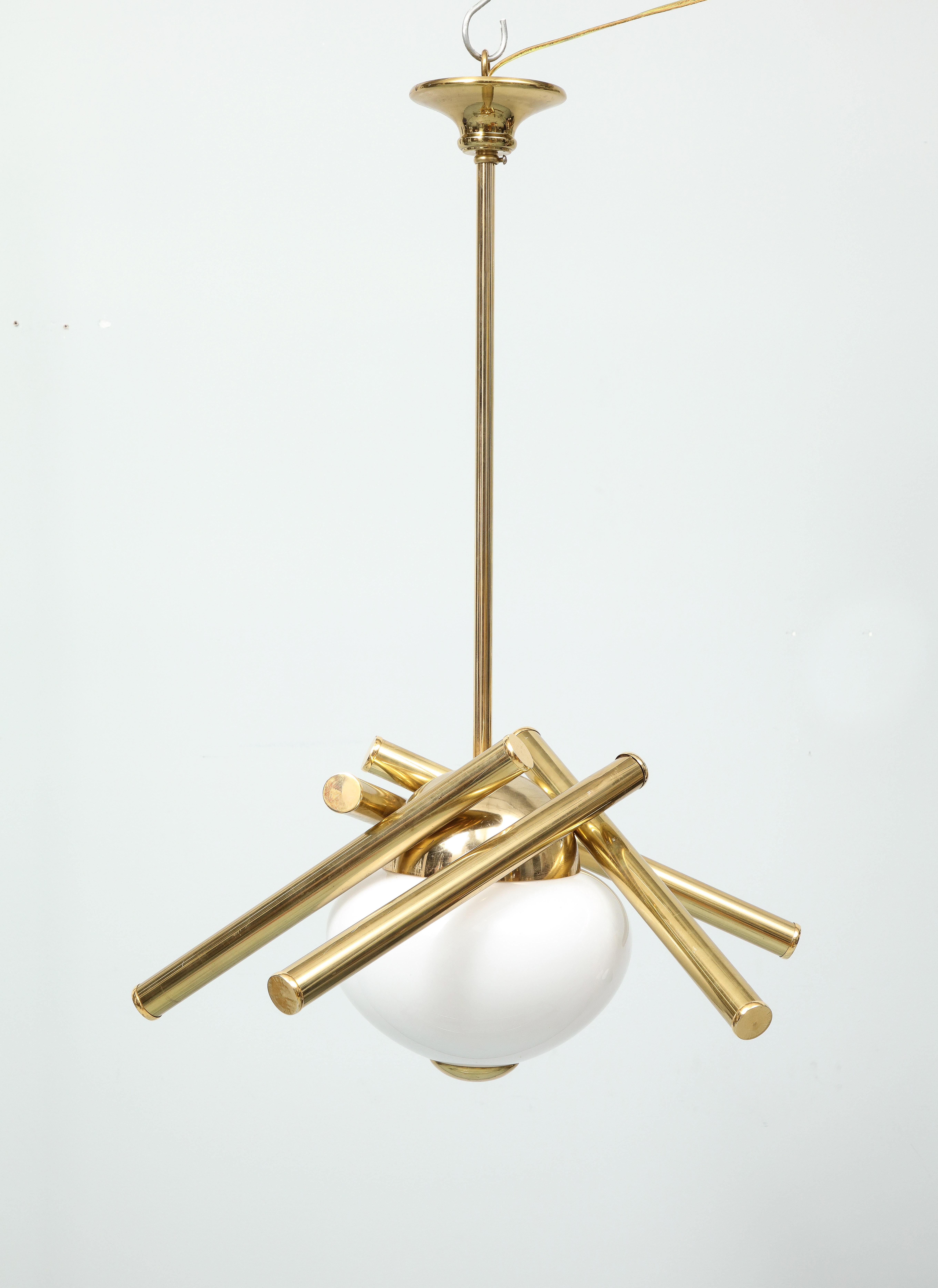 Italian Pair of Brass Chandelier with a Central Opaline Globe For Sale