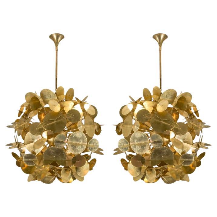 Brass and Alabaster Three Globe Mobile Chandelier by Glustin