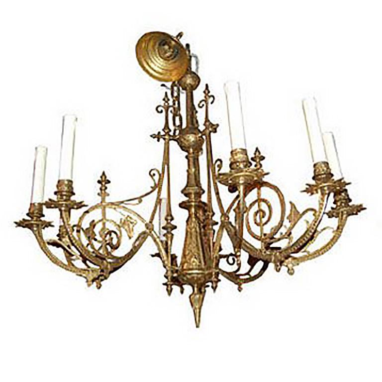 Pair of Sezession Brass Chandeliers, circa 1895, made by Thomas Gruenberg, Budapest. New Wires.
