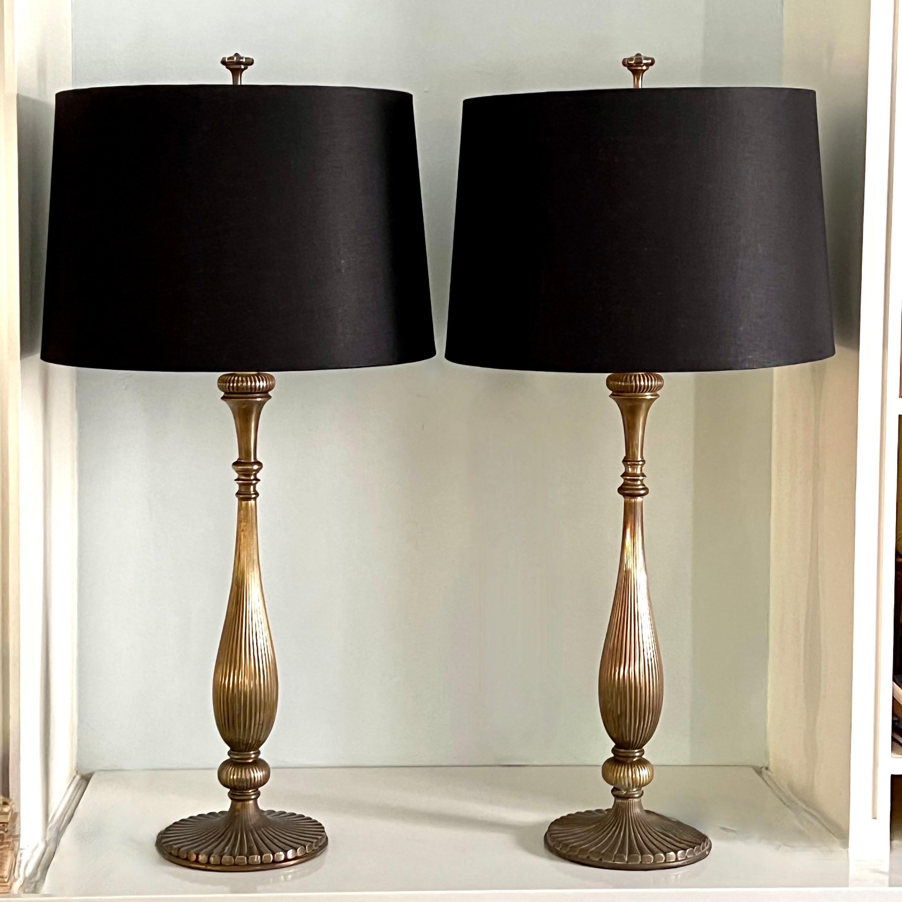 Pair of Brass Chapman Lamps with Black Silk Shades For Sale 2