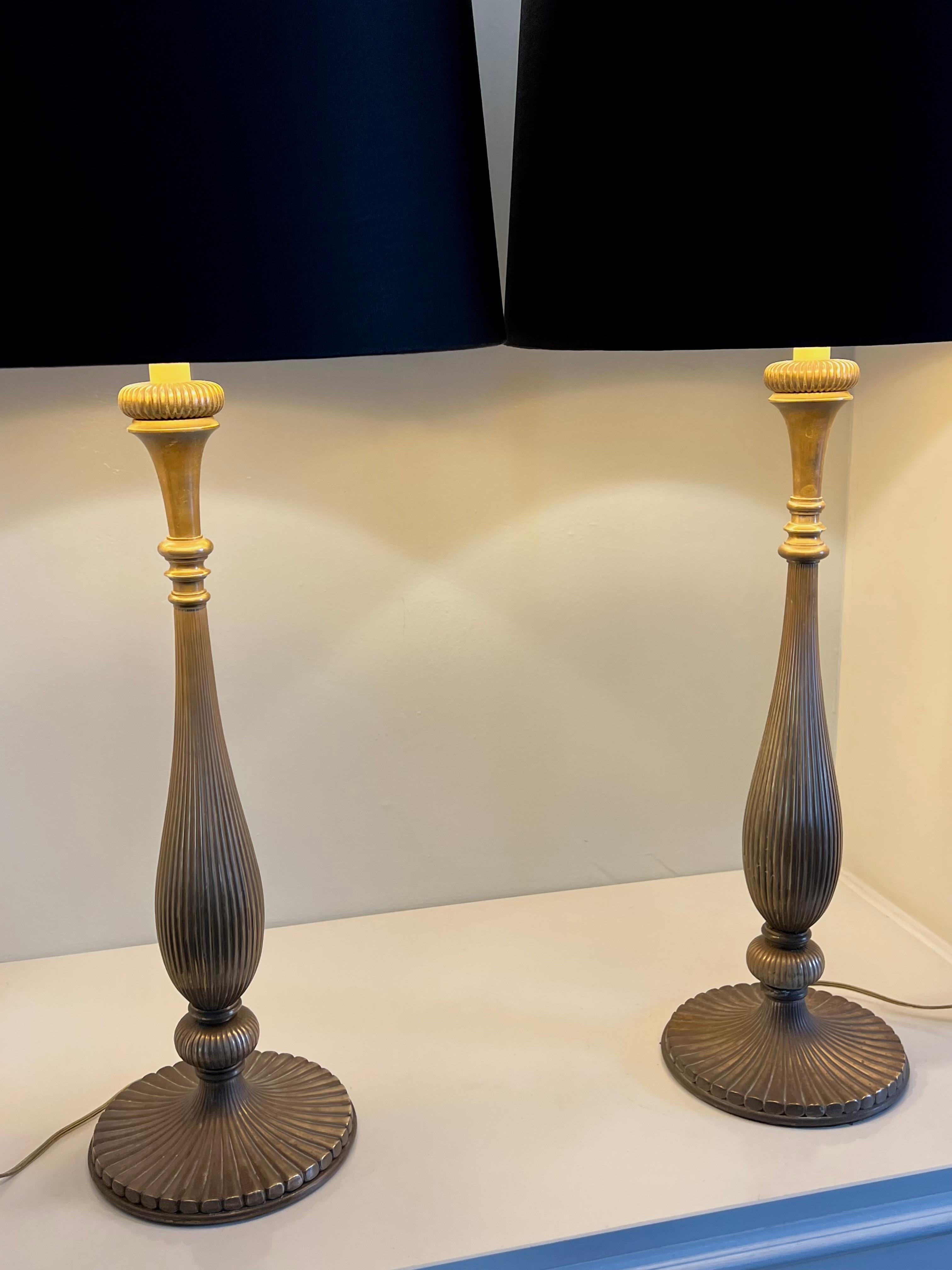Pair of Brass Chapman Lamps with Black Silk Shades For Sale 1