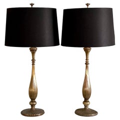 Pair of Brass Chapman Lamps with Black Silk Shades