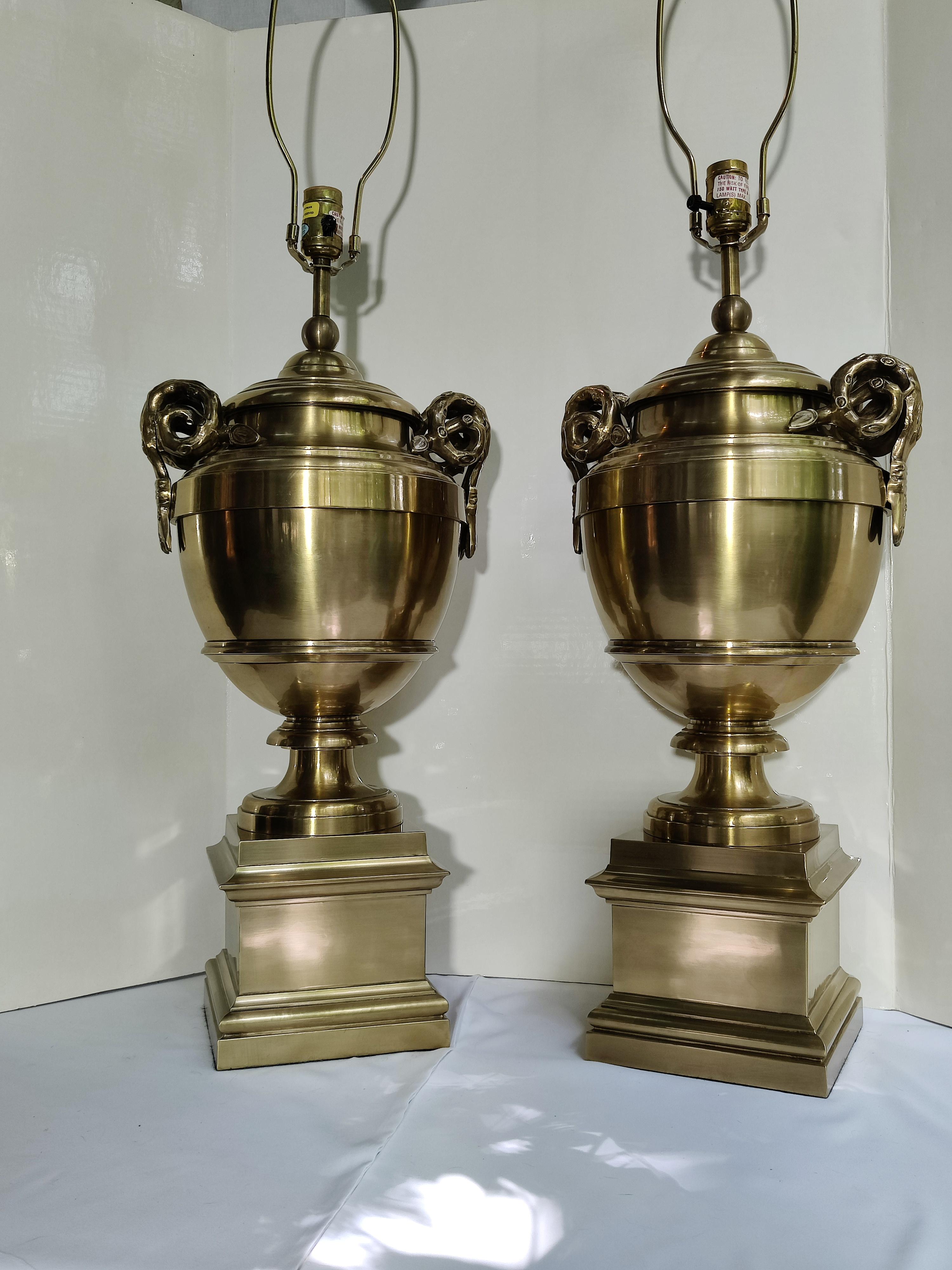 Pair of Heavy Brass Chapman Urn Ram Horn Table Lamps
Original Large Brass Finials
Horn to Horn is 11
