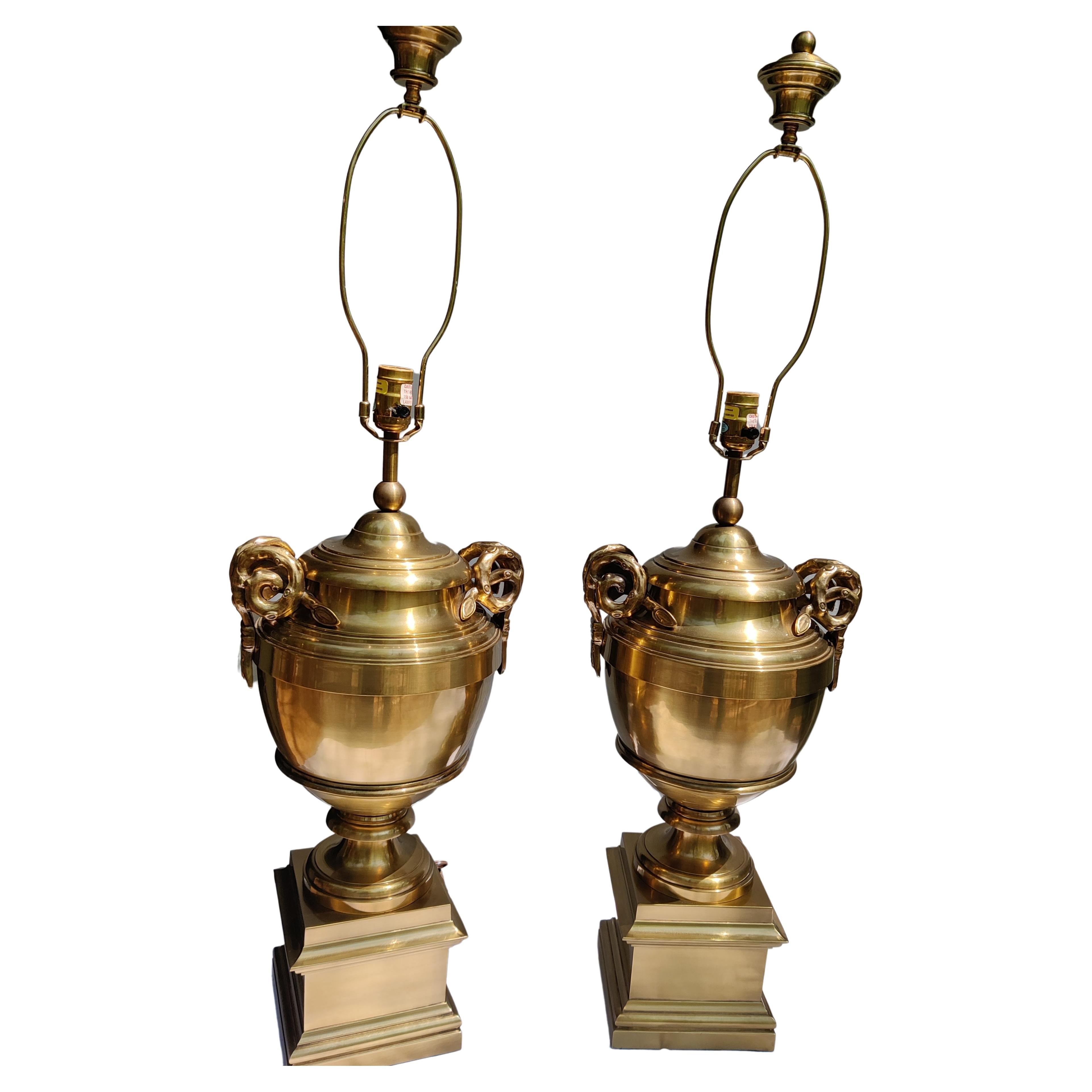 Pair of Brass Chapman Urn Ram Horn Table Lamps For Sale