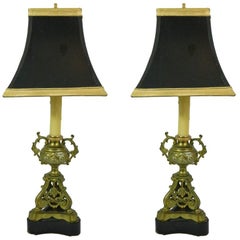 Pair of Brass Chenets of Urn Form Adapted as Lamps, 19th Century