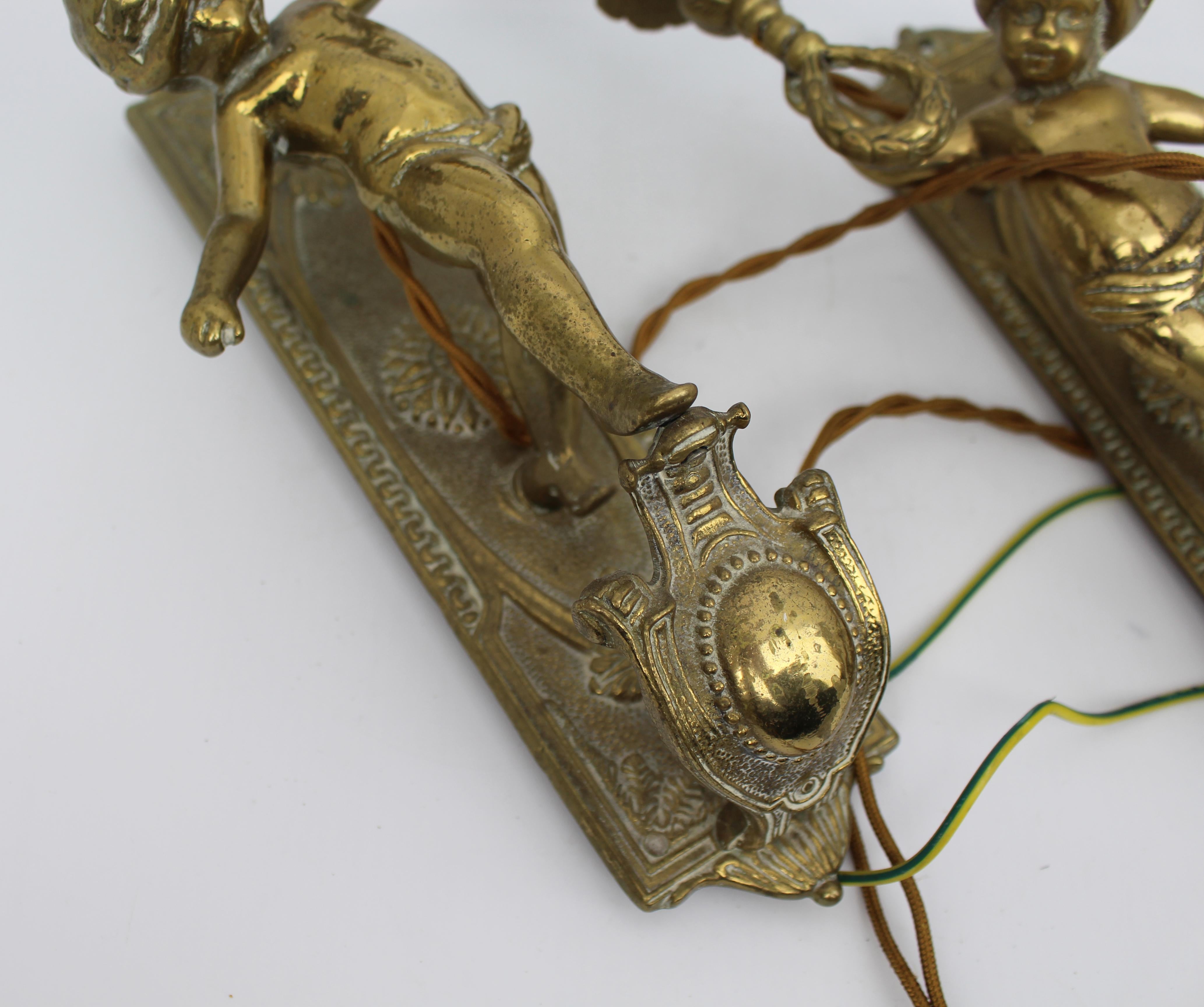 20ième siècle Paire d'appliques en laiton avec chérubin, Vintage, 20e siècle en vente
