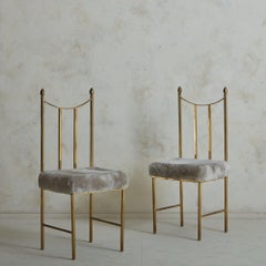 Pair of Brass Chiavari Chairs in Grey Shearling, Italy 1970s