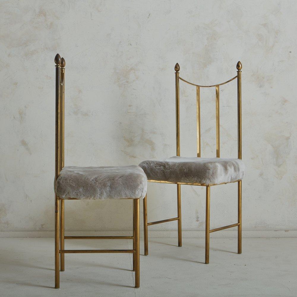 Late 20th Century Pair of Brass Chiavari Chairs in Grey Shearling, Italy 1970s