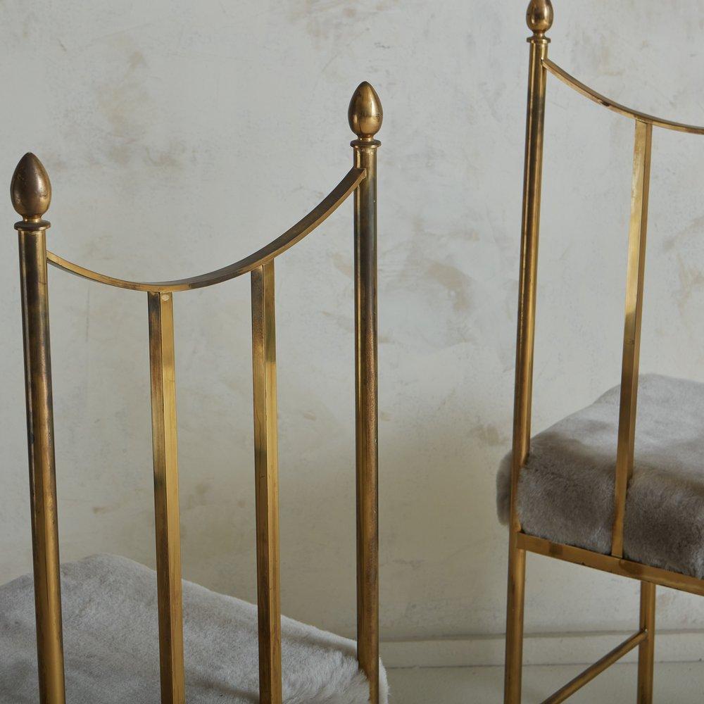 Upholstery Pair of Brass Chiavari Chairs in Grey Shearling, Italy 1970s