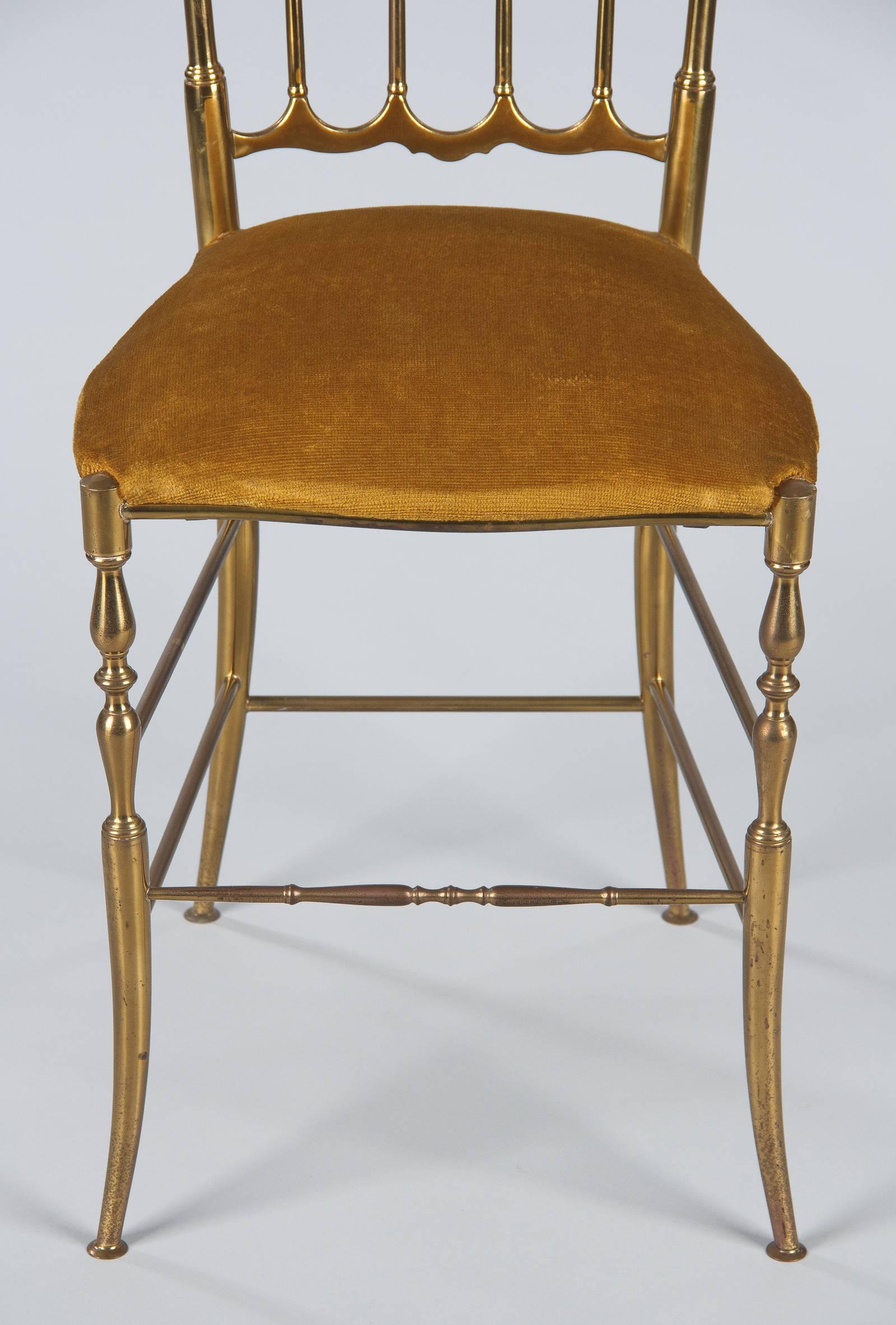Fabric Pair of Brass Chiavari Chairs, Italy, 1960s