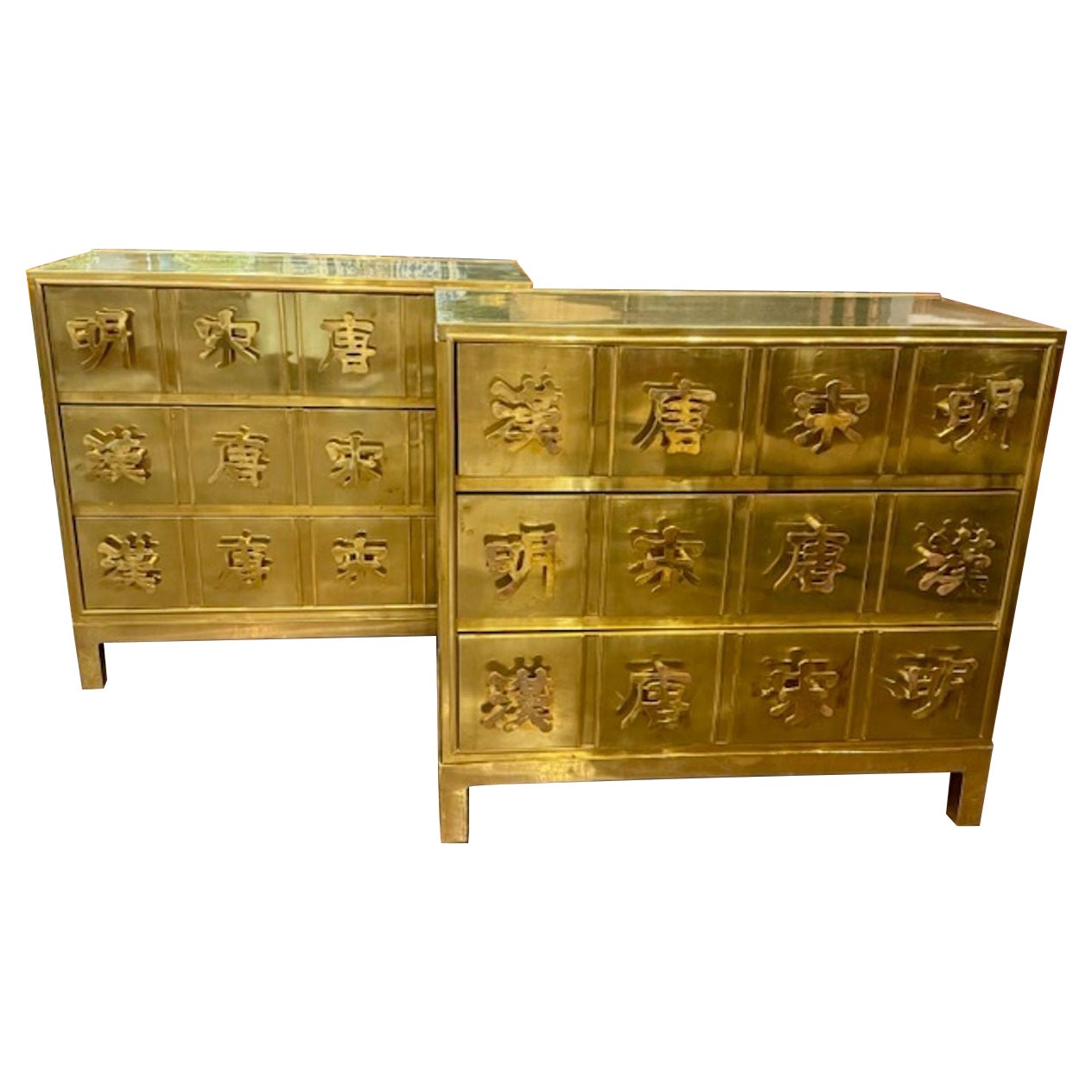 Pair of Brass Chinoiserie Manner Bedside Tables After Mastercraft For Sale