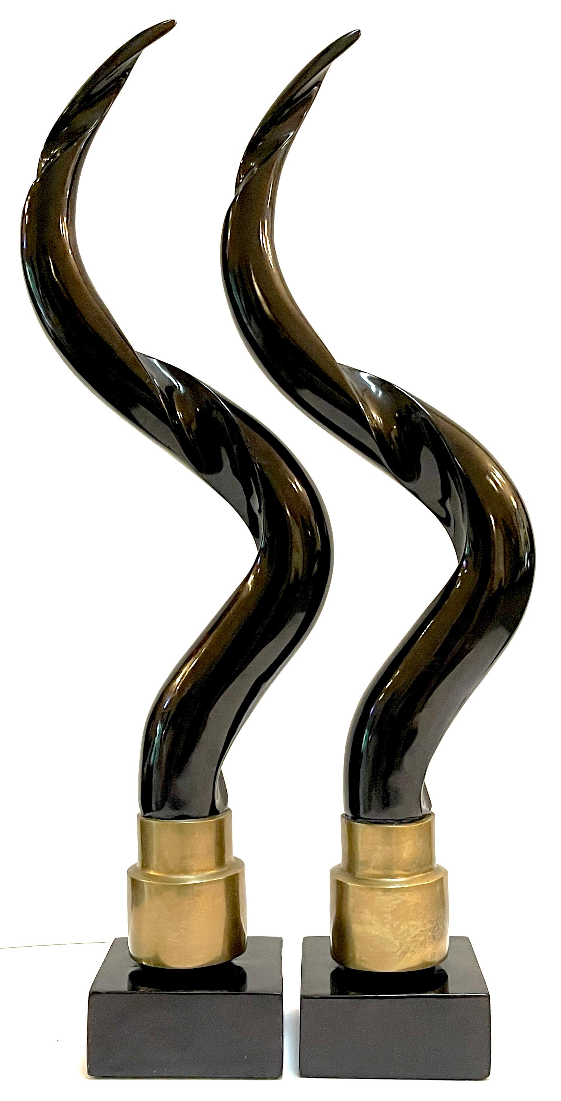 Pair of Brass & Chocolate Brown Lacquer Antelope Horns, Style of Springer  In Good Condition For Sale In West Palm Beach, FL