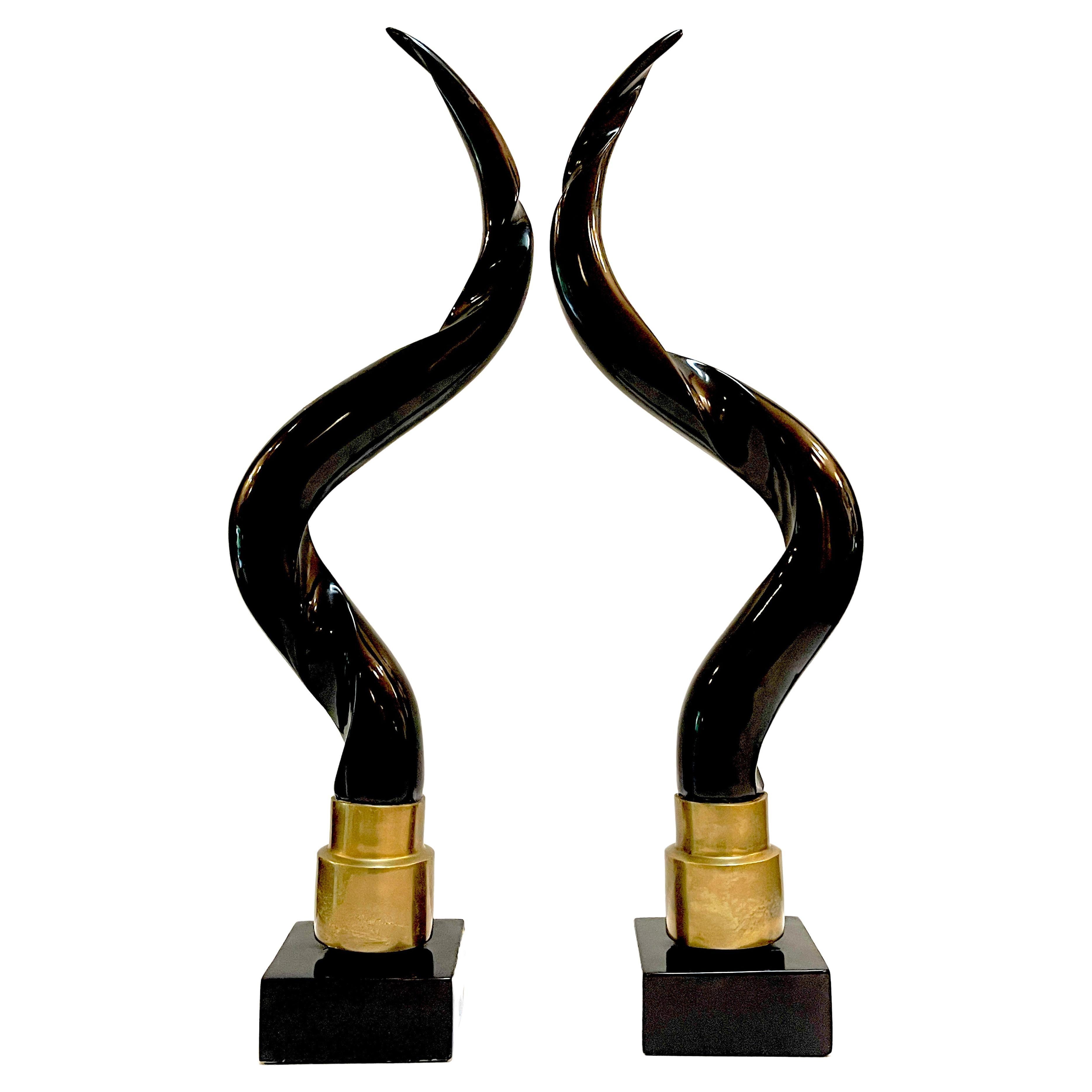 Pair of Brass & Chocolate Brown Lacquer Antelope Horns, Style of Springer  For Sale