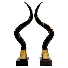 Vintage Pair of Brass & Chocolate Brown Lacquer Antelope Horns, Style of Springer 