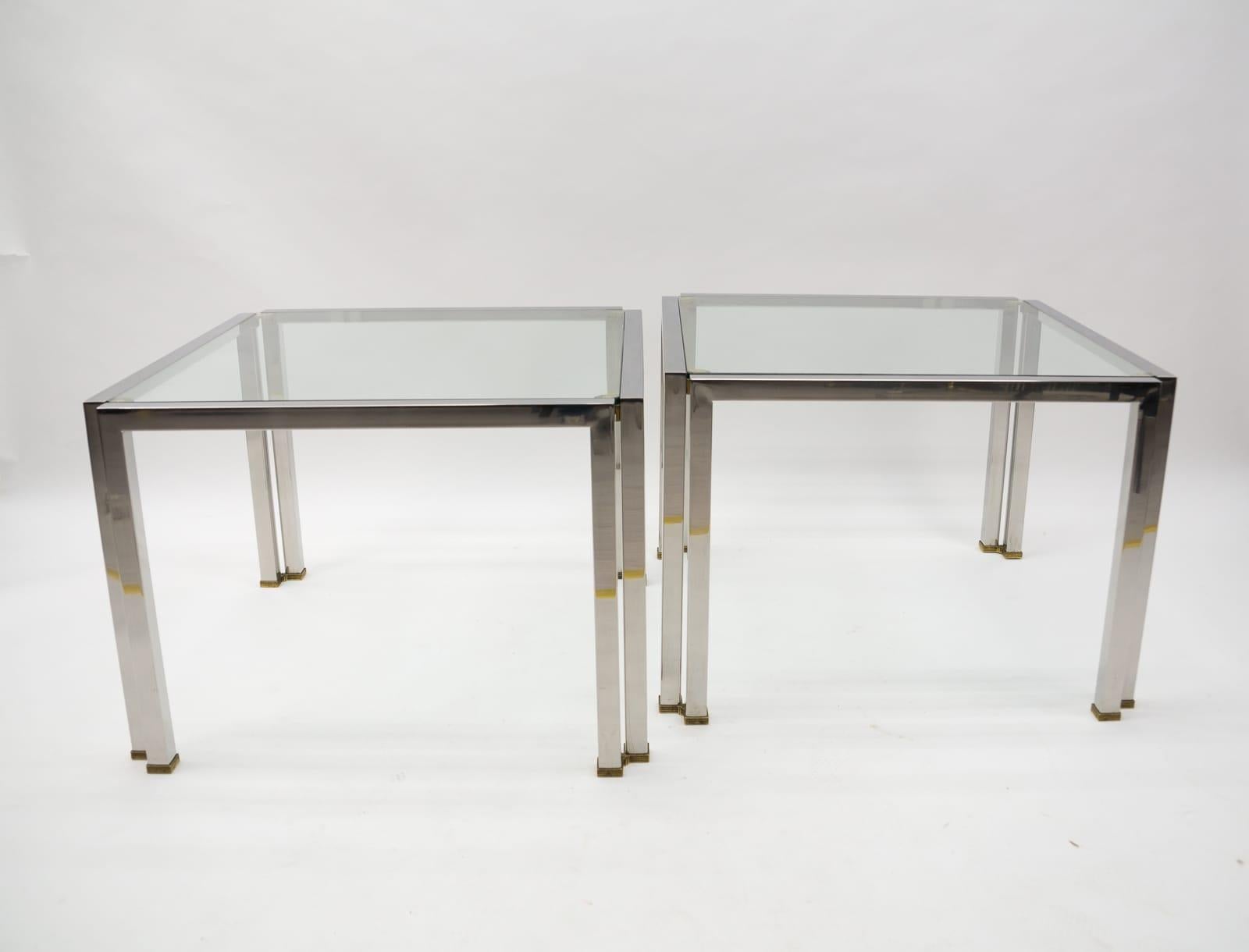 Hollywood Regency Paire de tables basses T28 en laiton, chrome et verre de Peter Ghyczy, Allemagne, années 1970 en vente