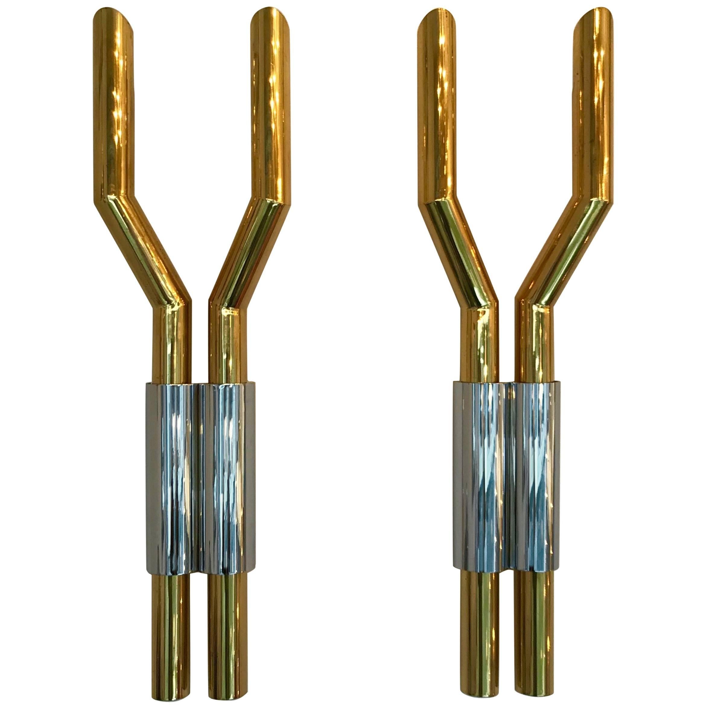 Pair of Brass Chrome Sconces by Romeo Rega, Italy, 1970s
