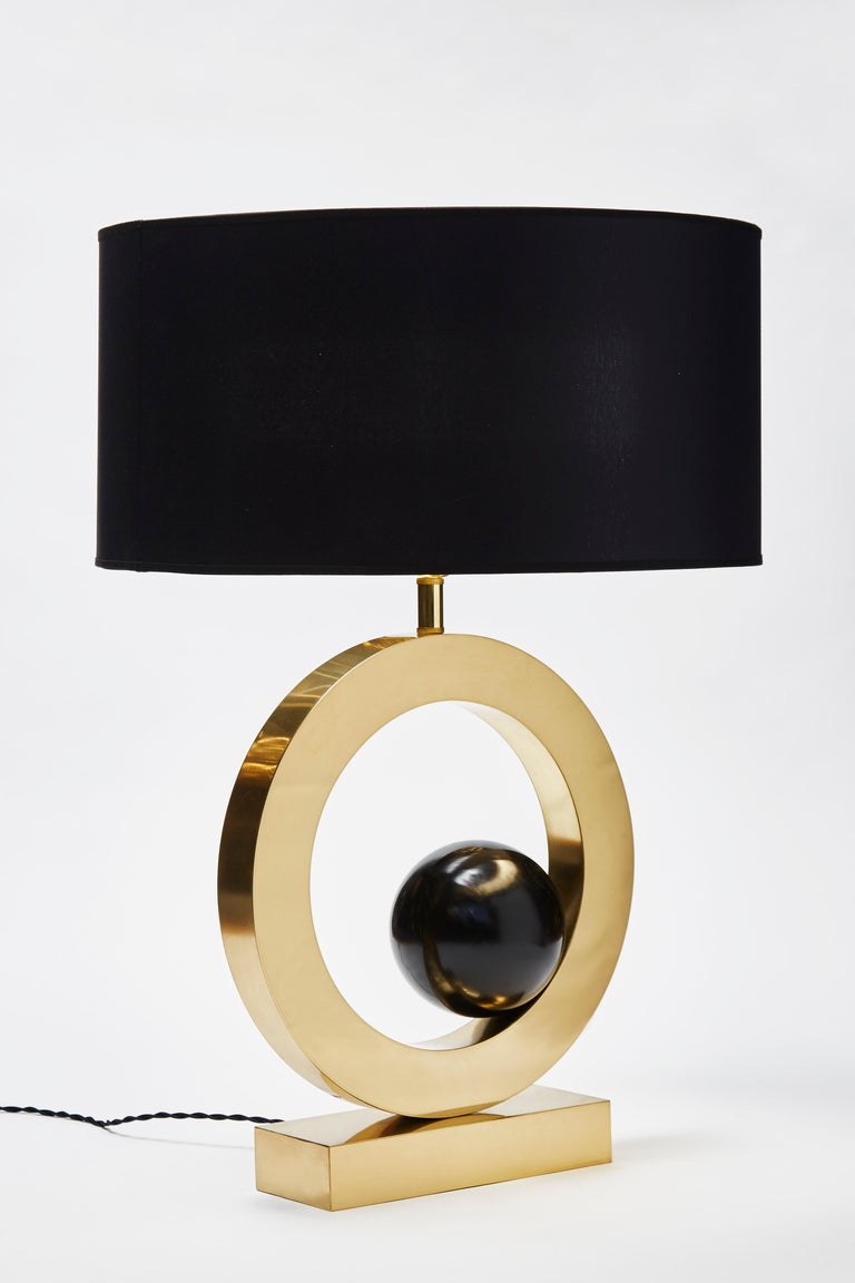Pair of Brass Circular Lamps with Black Wood Spheres For Sale at 1stDibs