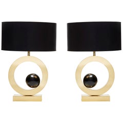 Pair of Brass Circular Lamps with Black Wood Spheres