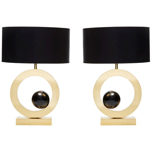 Pair of Brass Circular Lamps with Black Wood Spheres For Sale at 1stDibs