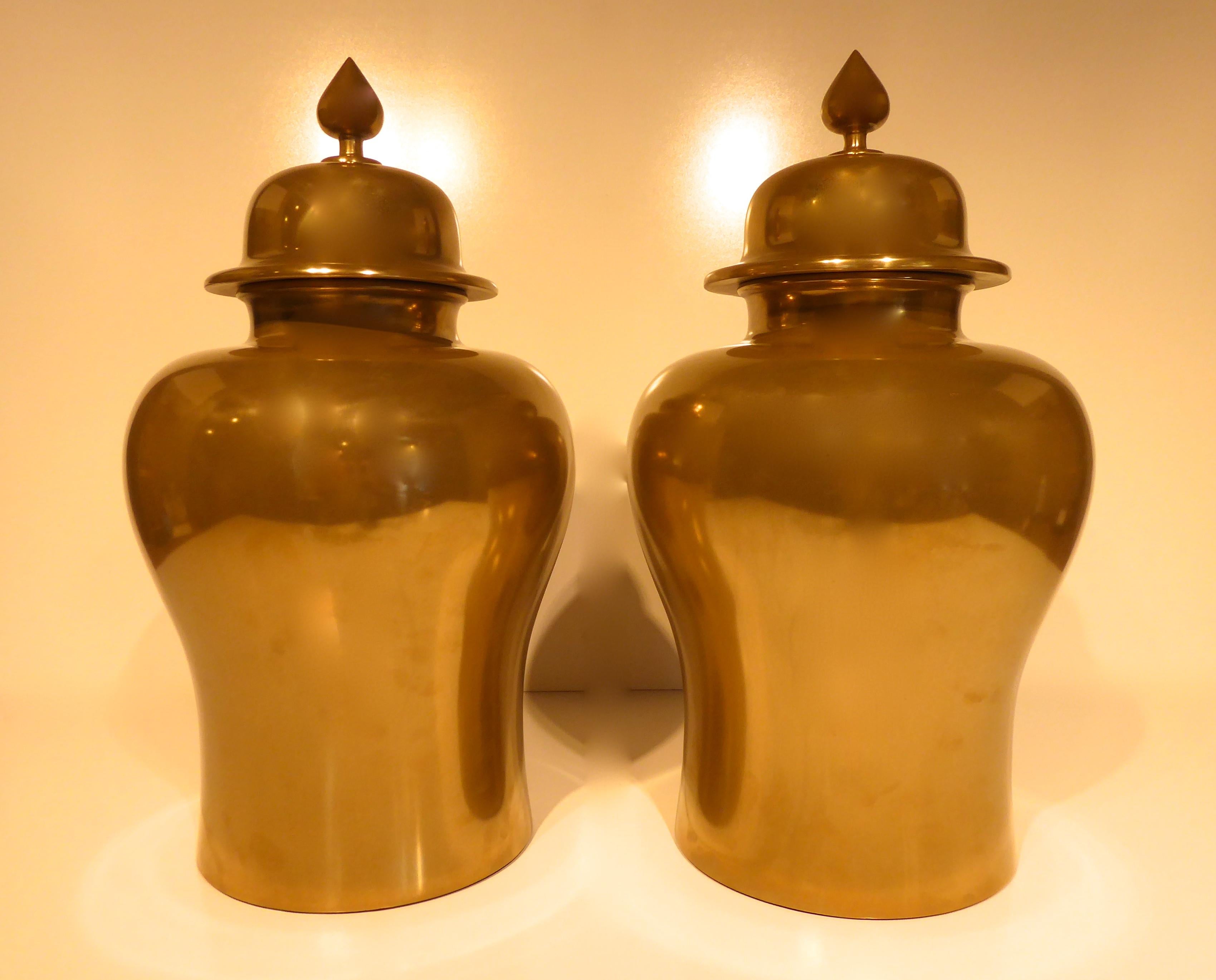 Hollywood Regency Pair of Brass-Clad Hardwood Temple Jars For Sale