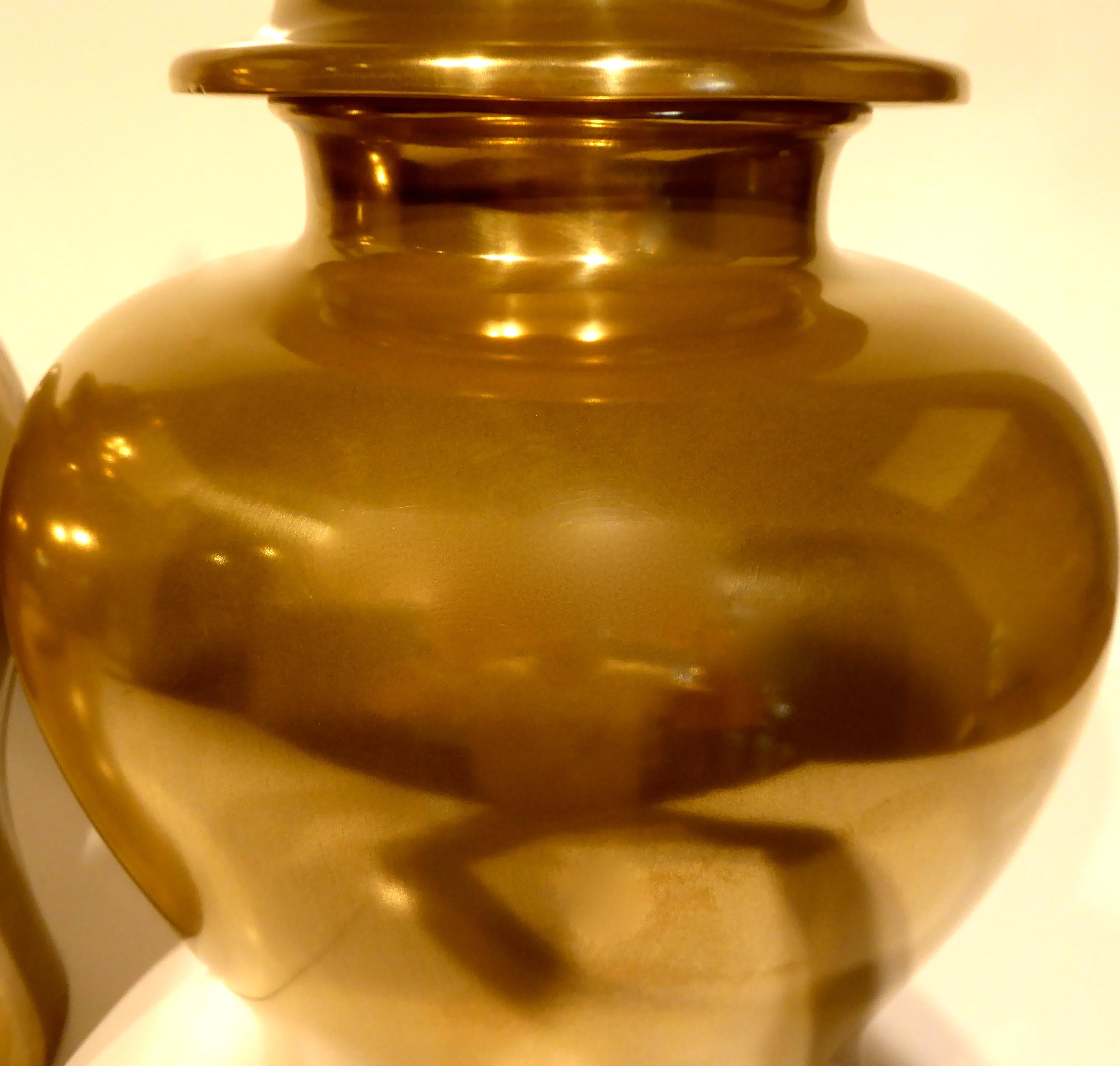 Pair of Brass-Clad Hardwood Temple Jars In Excellent Condition For Sale In Palm Springs, CA