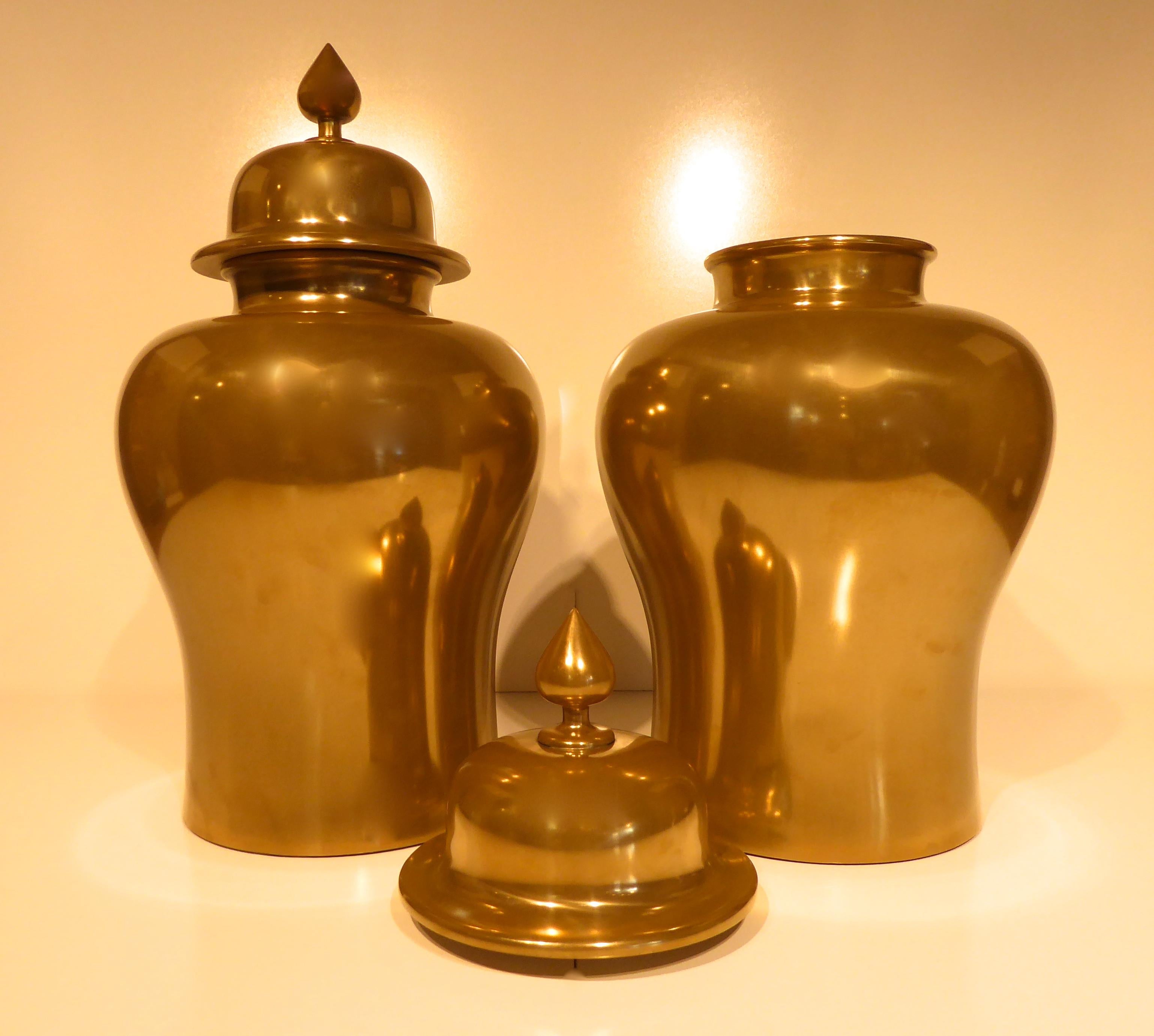 Late 20th Century Pair of Brass-Clad Hardwood Temple Jars For Sale