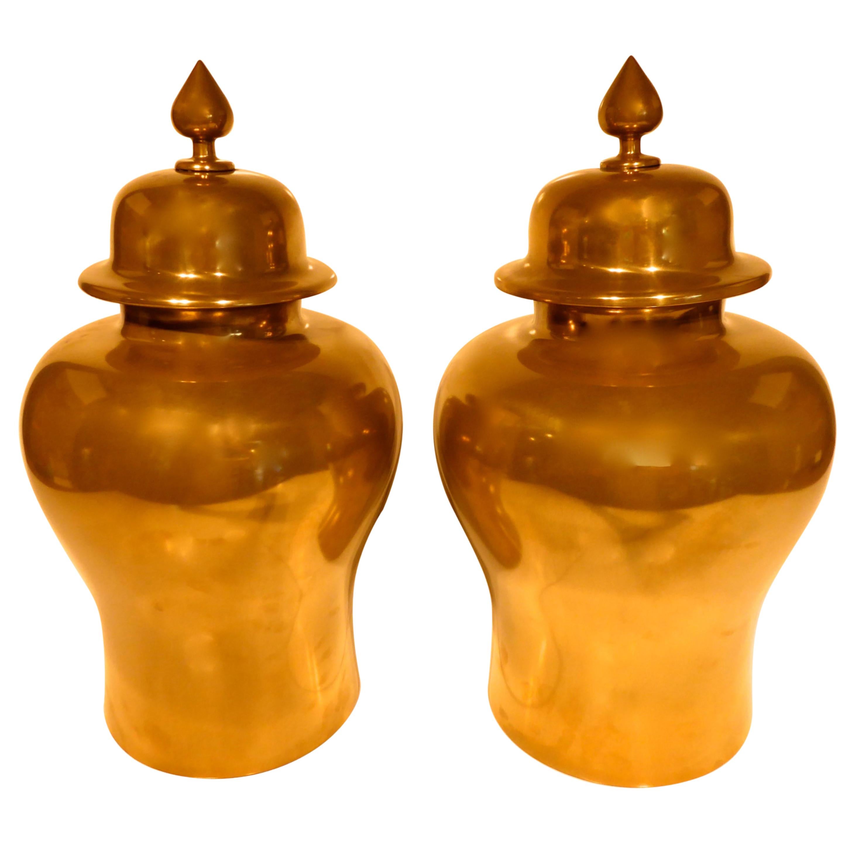 Pair of Brass-Clad Hardwood Temple Jars For Sale